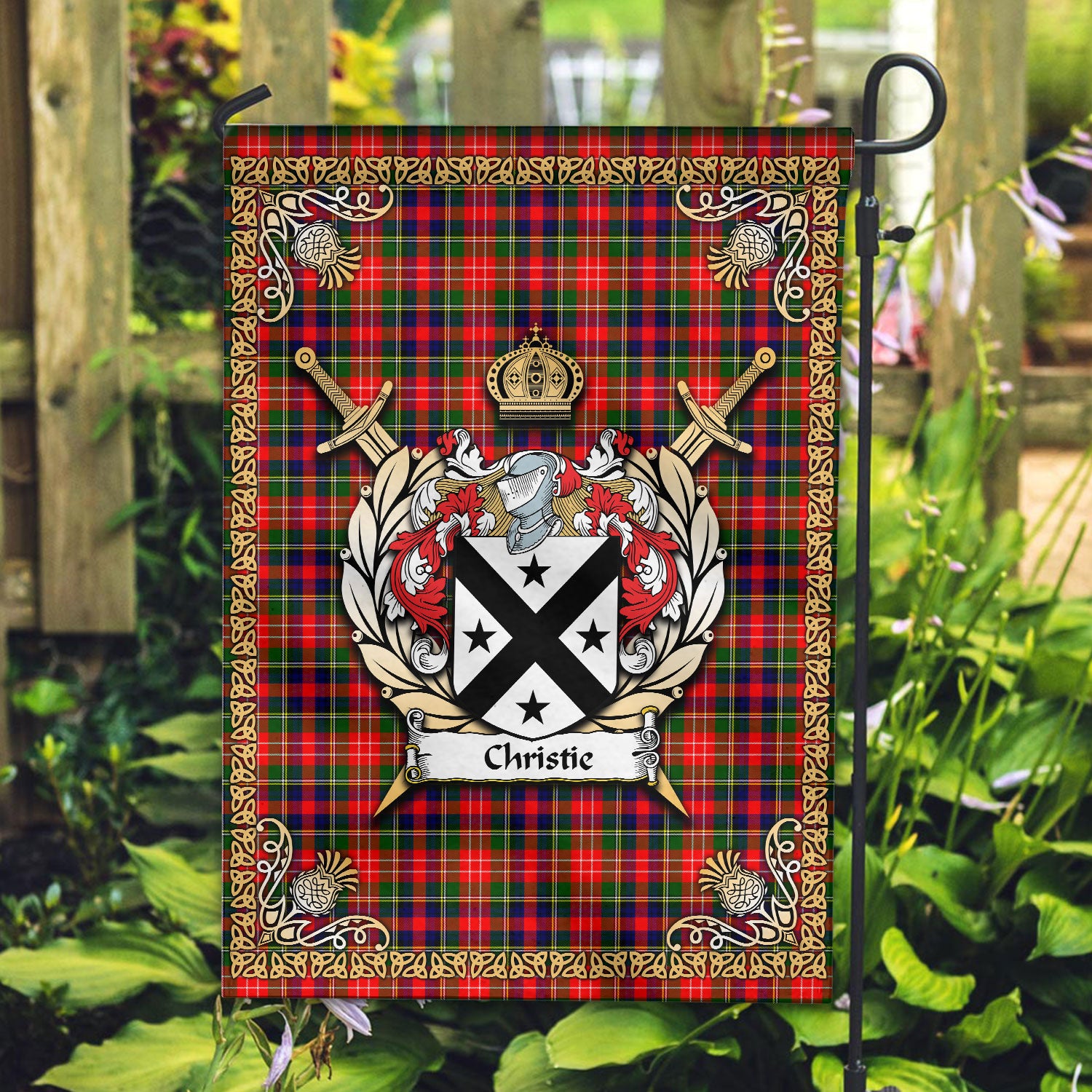 Christie Tartan Crest Garden Flag - Celtic Thistle Style
