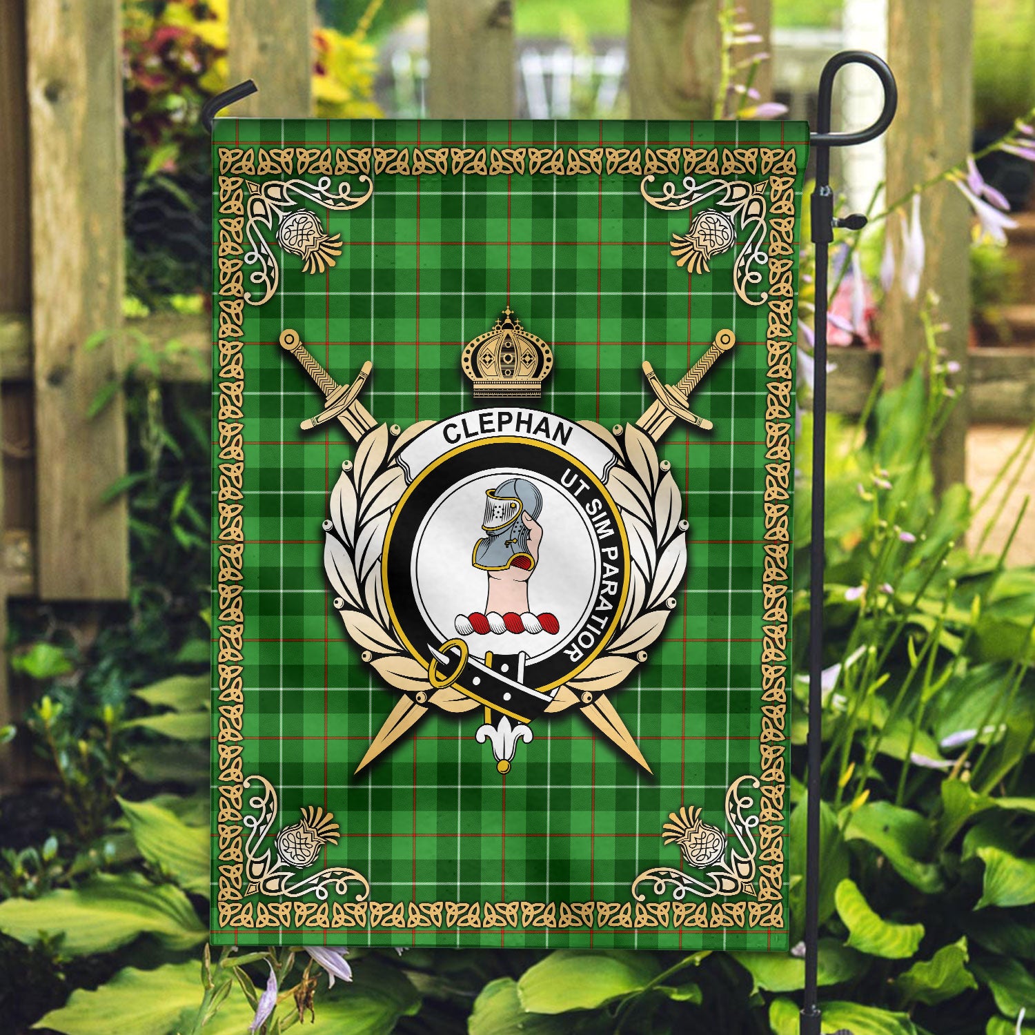 Clephan (or Clephane) Tartan Crest Garden Flag - Celtic Thistle Style