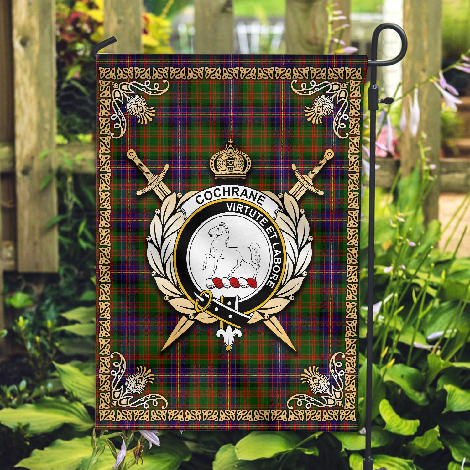 Cochrane Modern Tartan Crest Garden Flag - Celtic Thistle Style
