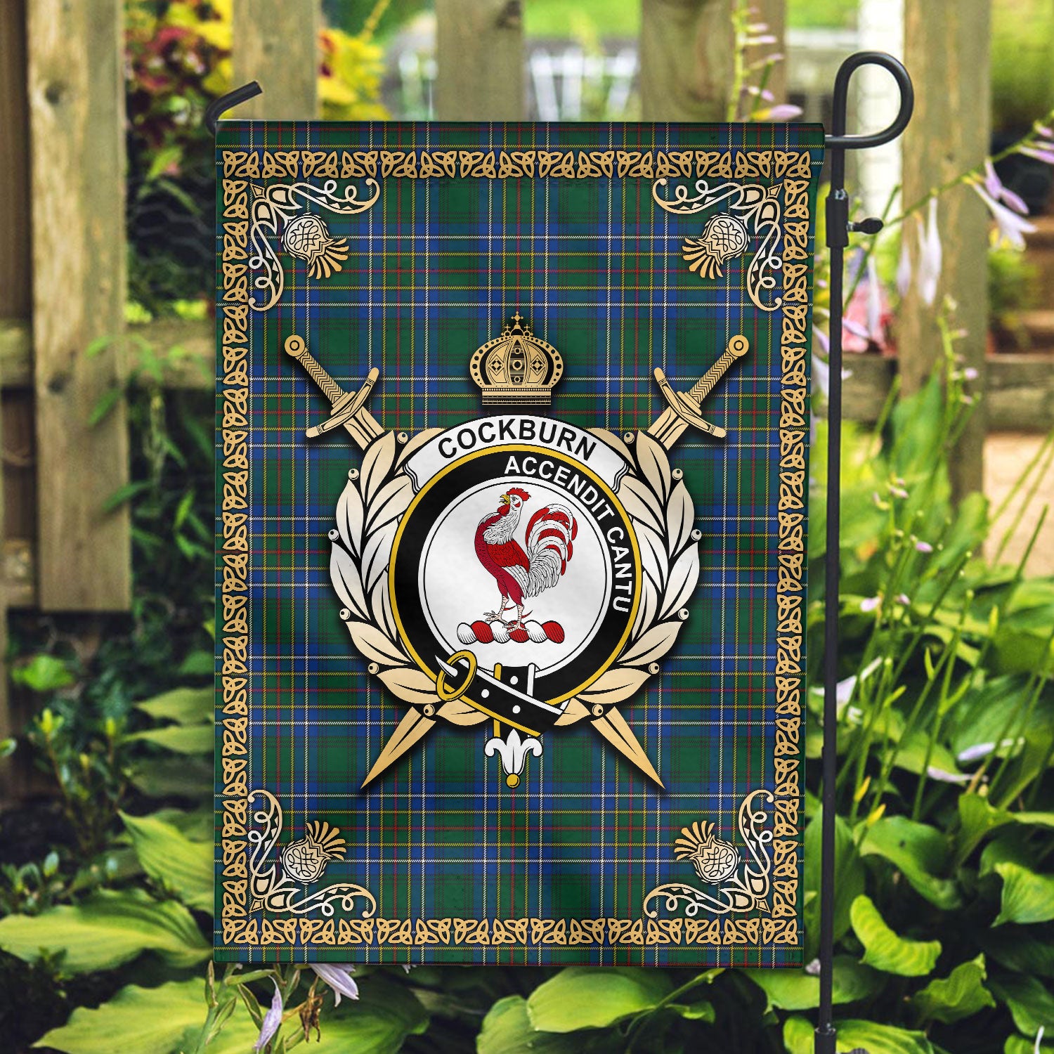 Cockburn Ancient Tartan Crest Garden Flag - Celtic Thistle Style