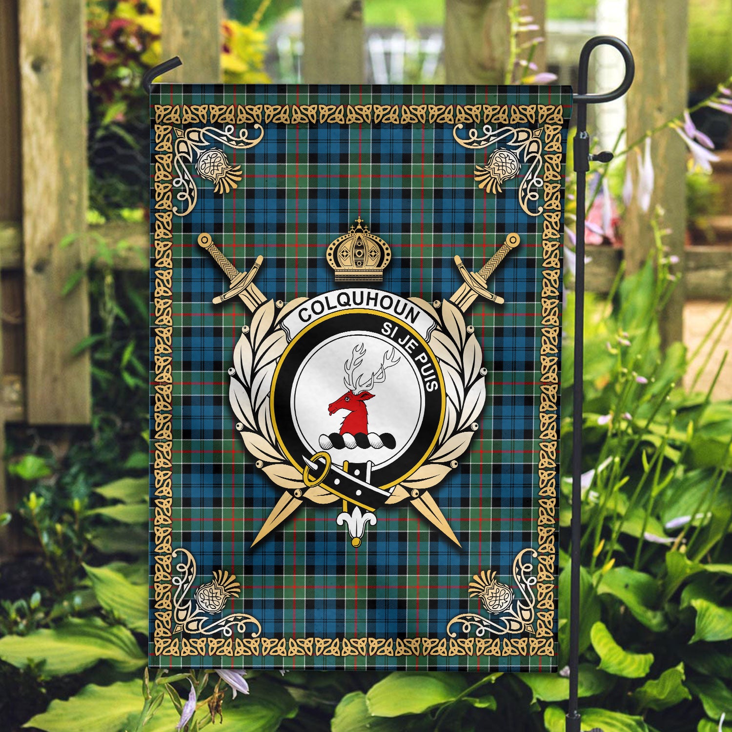 Colquhoun Ancient Tartan Crest Garden Flag - Celtic Thistle Style