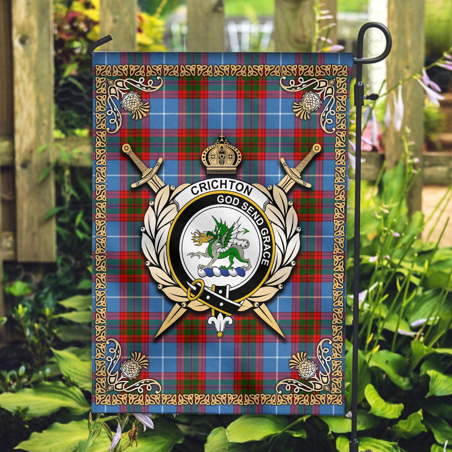 Crichton Tartan Crest Garden Flag - Celtic Thistle Style