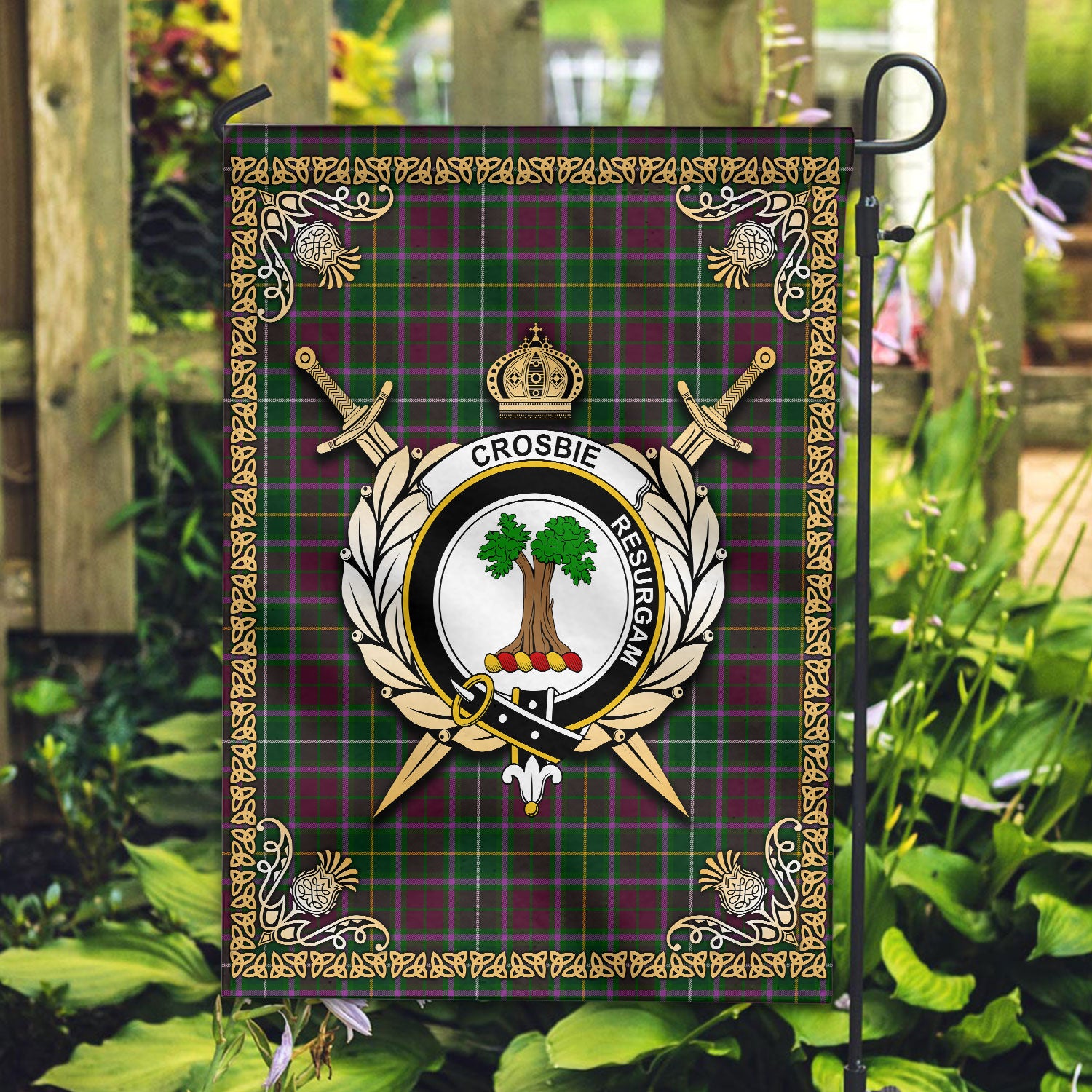Crosbie (or Crosby) Tartan Crest Garden Flag - Celtic Thistle Style