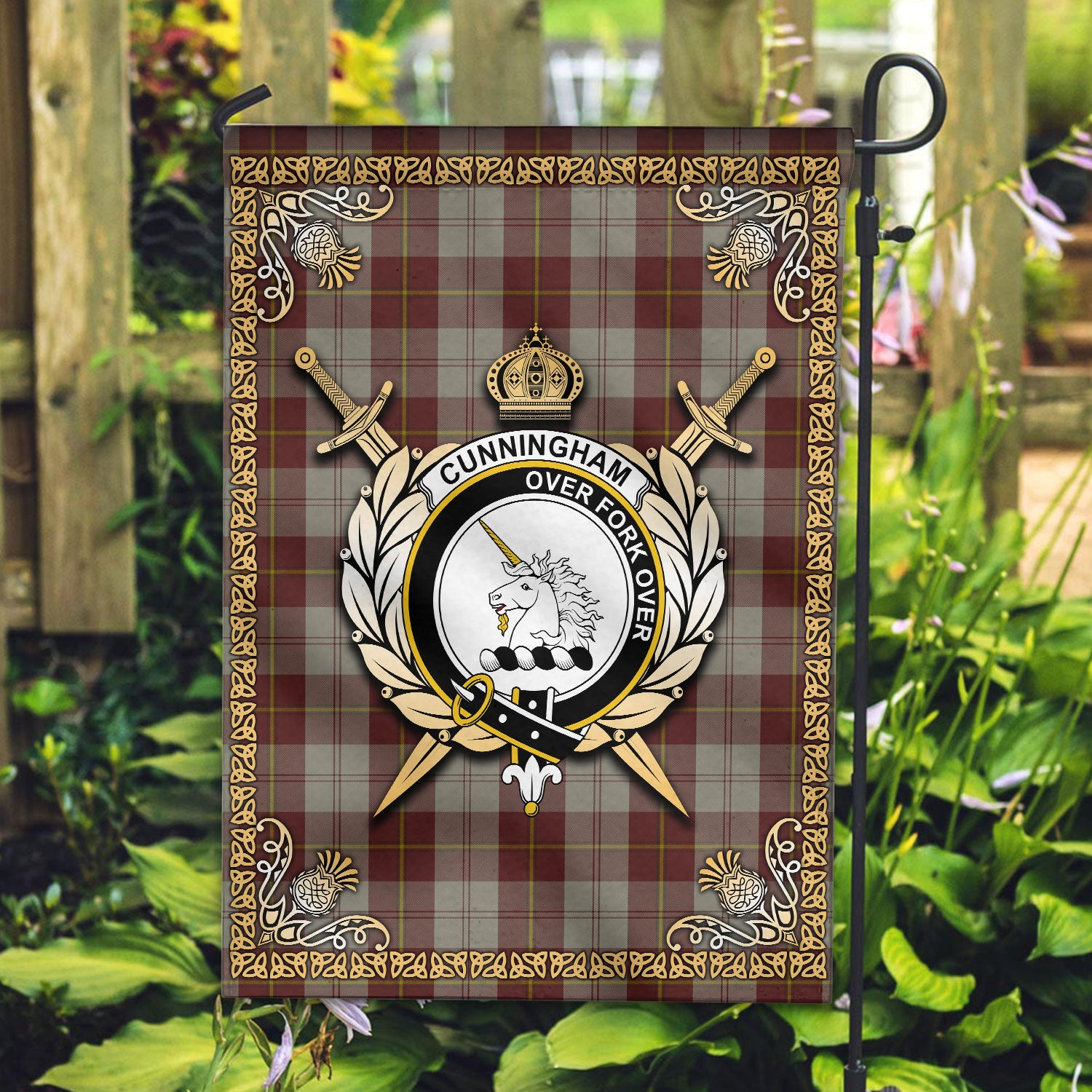 Cunningham Burgundy Dancers Tartan Crest Garden Flag - Celtic Thistle Style