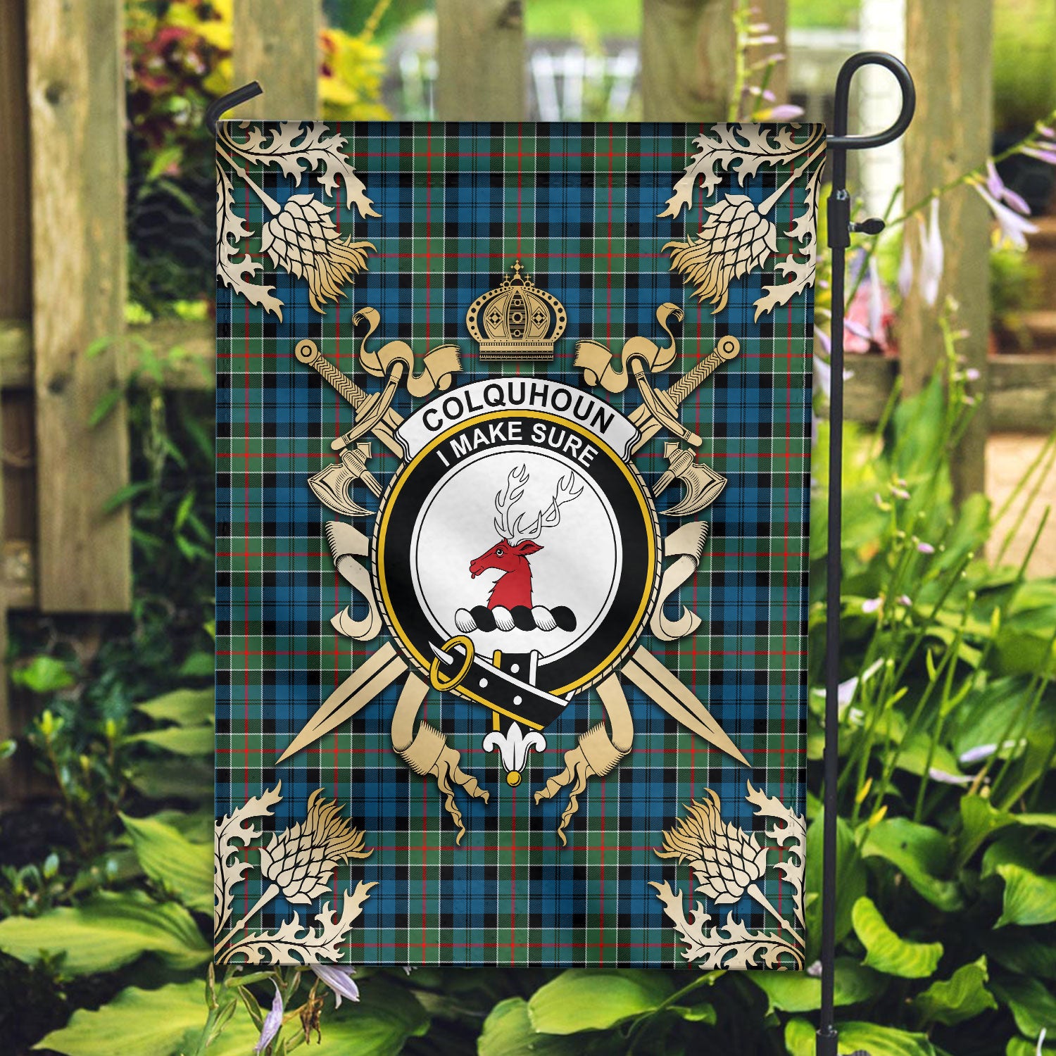 [Custom] -  “I make sure“ Crest, Colquhoun Tartan Black Garden Flag - Gold Thistle Style