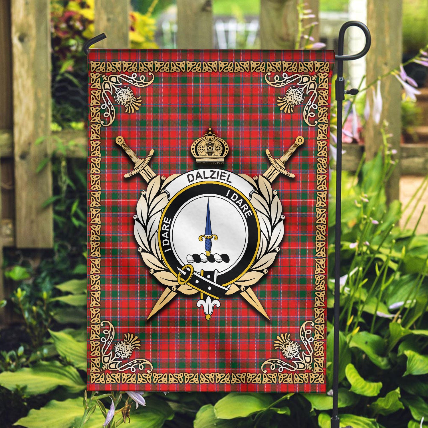Dalziel Modern Tartan Crest Garden Flag - Celtic Thistle Style