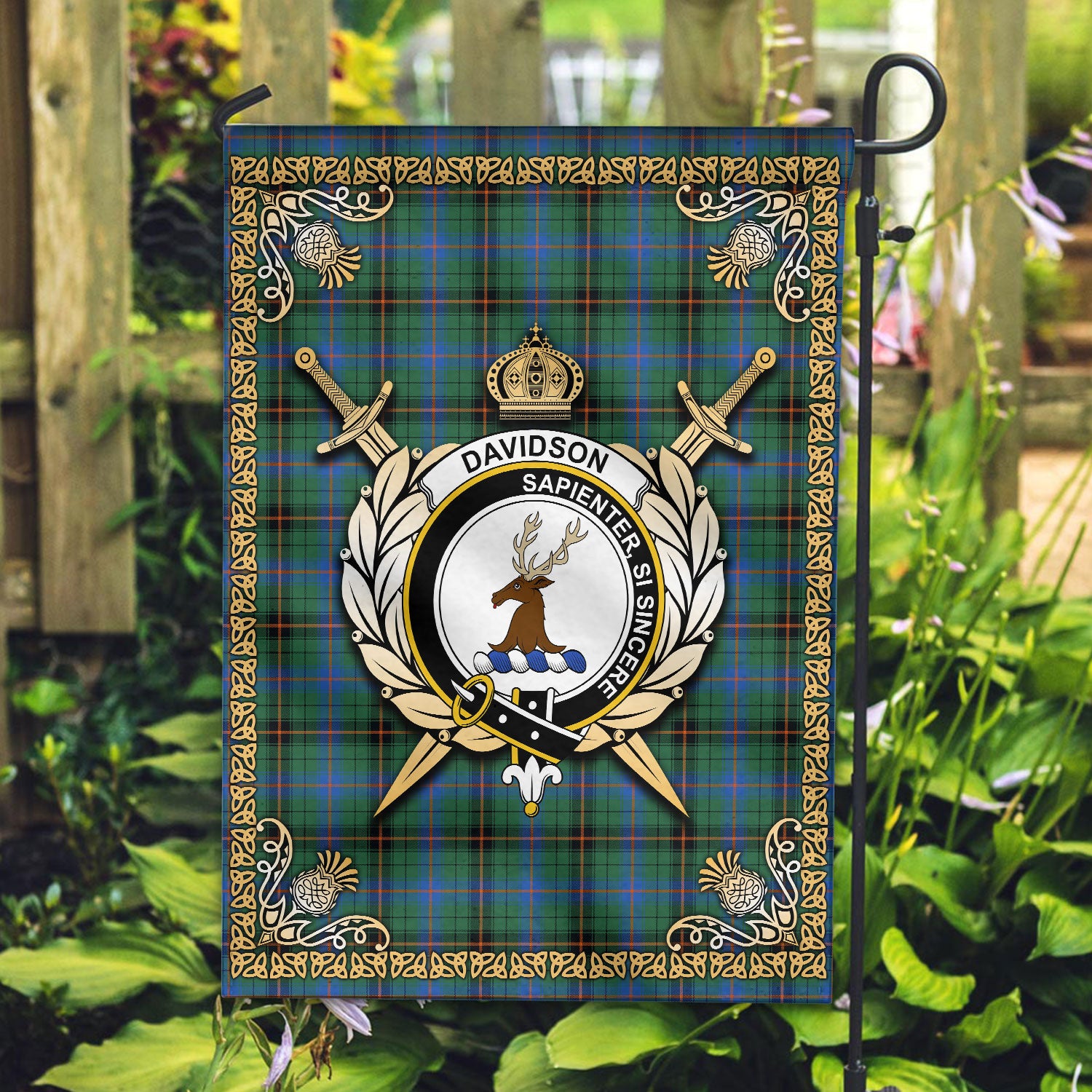 Davidson Ancient Tartan Crest Garden Flag - Celtic Thistle Style