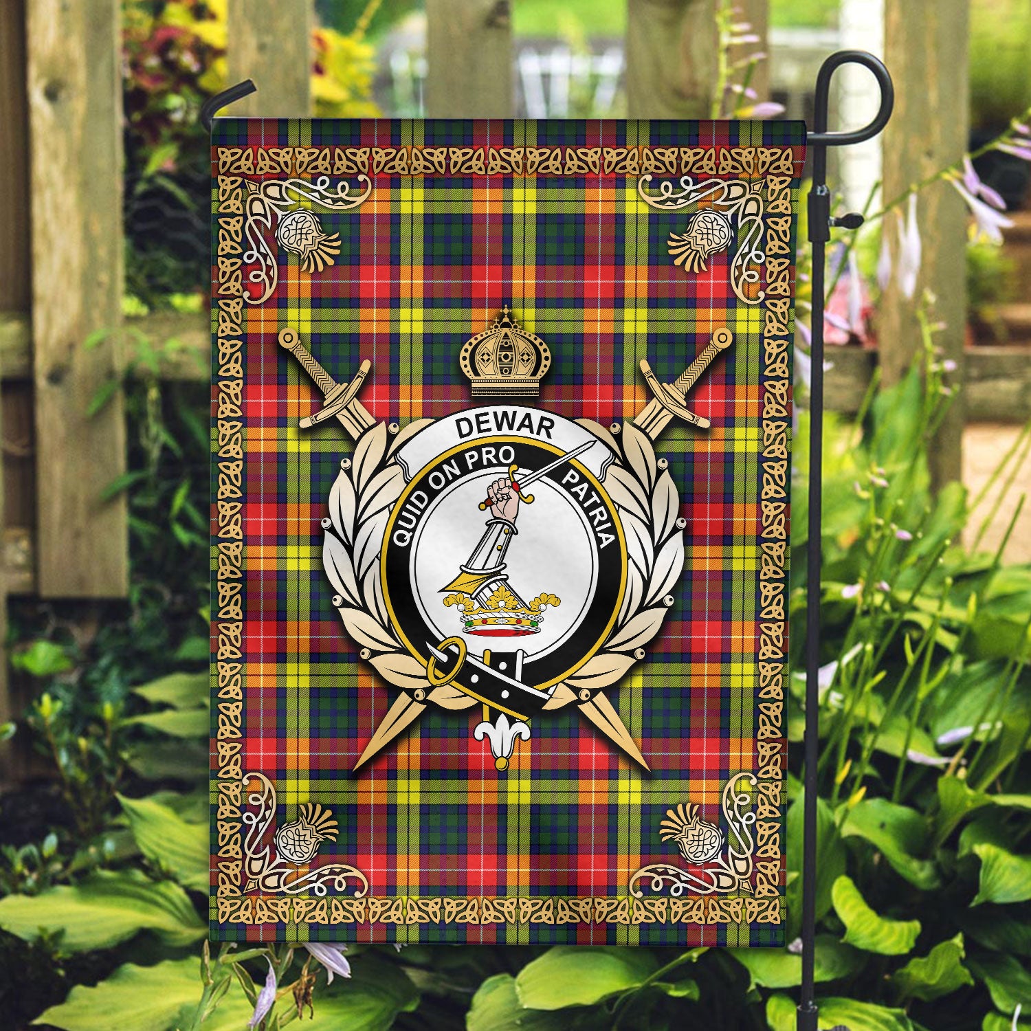 Dewar Tartan Crest Garden Flag - Celtic Thistle Style