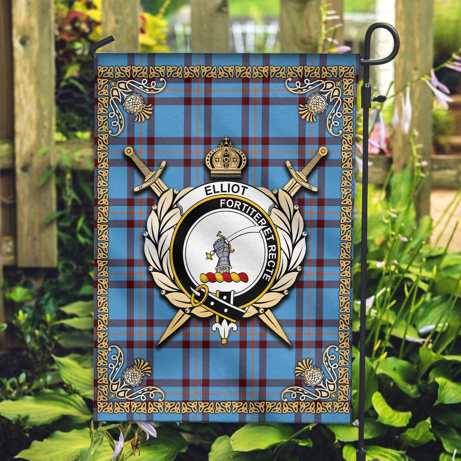 Elliot Ancient Tartan Crest Garden Flag - Celtic Thistle Style