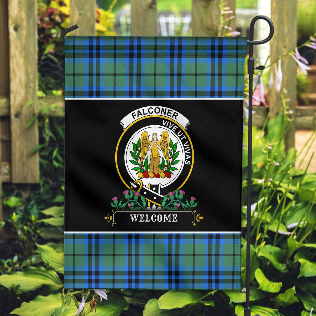 Falconer Tartan Crest Garden Flag - Welcome Style