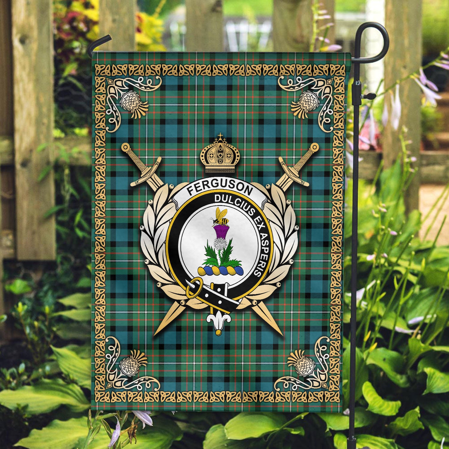 Ferguson Ancient Tartan Crest Garden Flag - Celtic Thistle Style