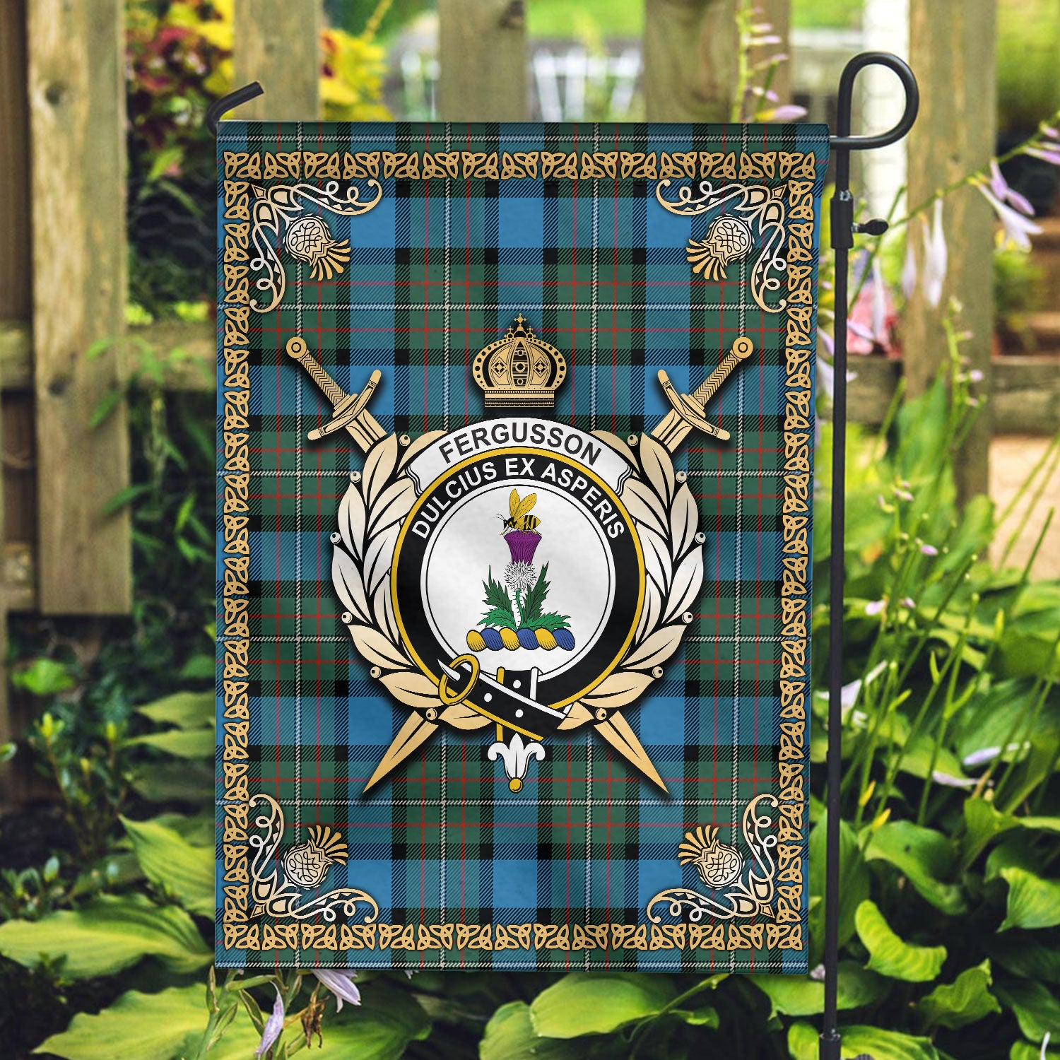 Fergusson Ancient Tartan Crest Garden Flag - Celtic Thistle Style