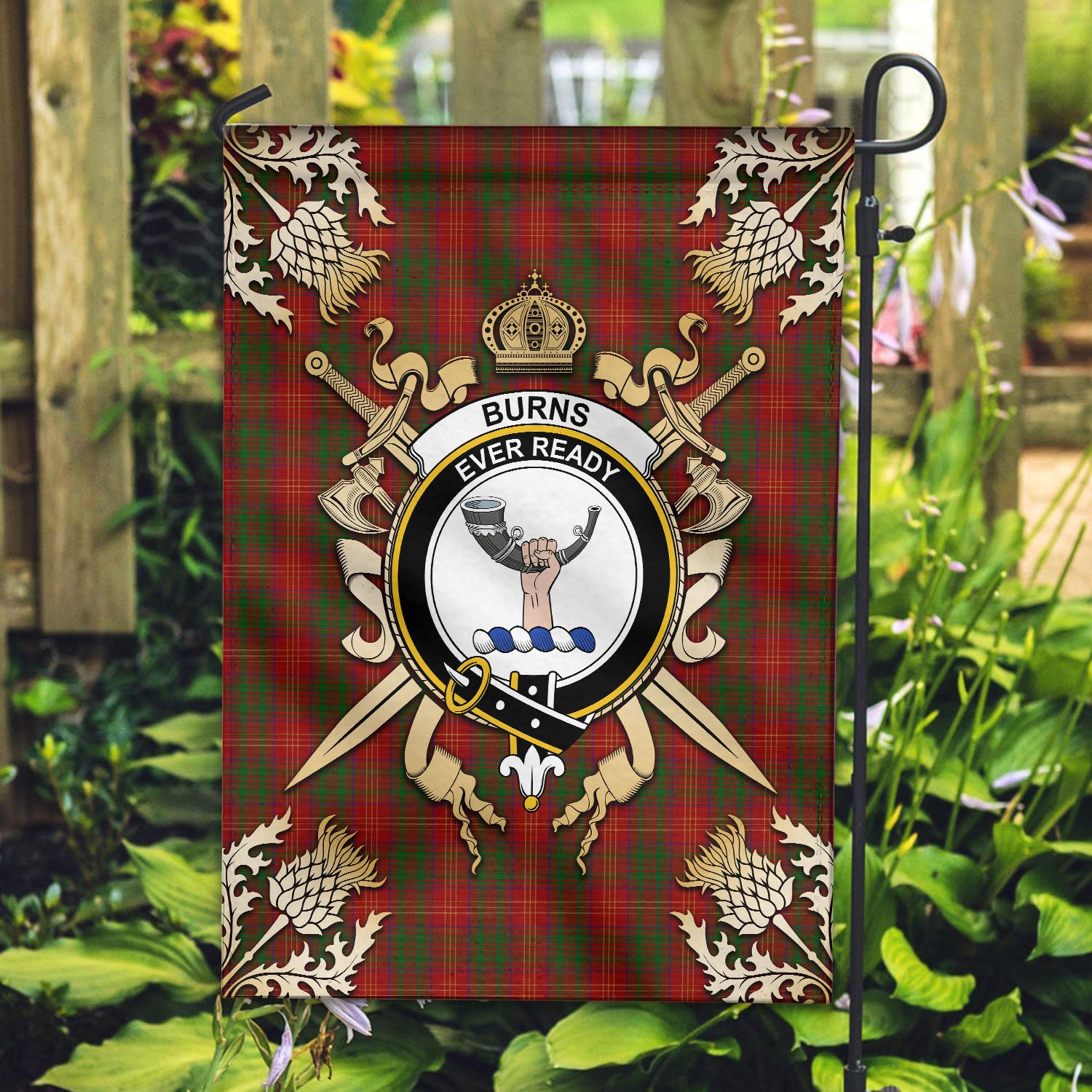 Burns Tartan Crest Black Garden Flag - Gold Thistle Style