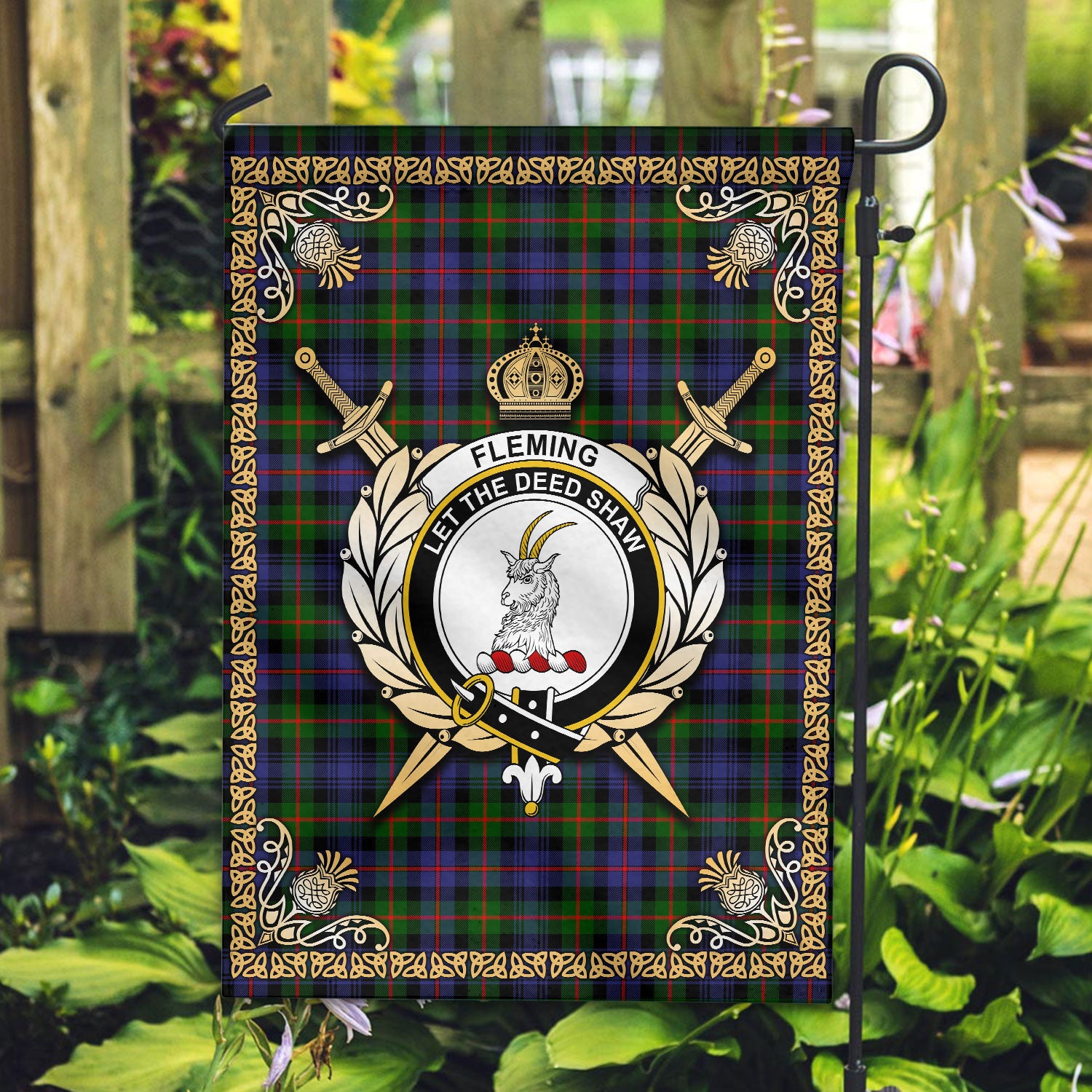 Fleming Tartan Crest Garden Flag - Celtic Thistle Style