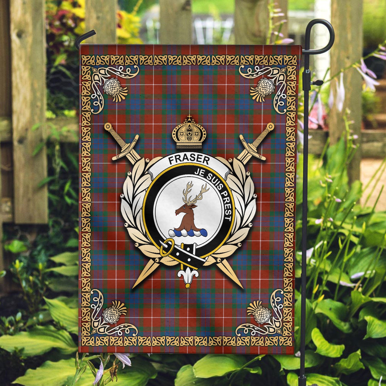 Fraser (of Lovat) Ancient Tartan Crest Garden Flag - Celtic Thistle Style