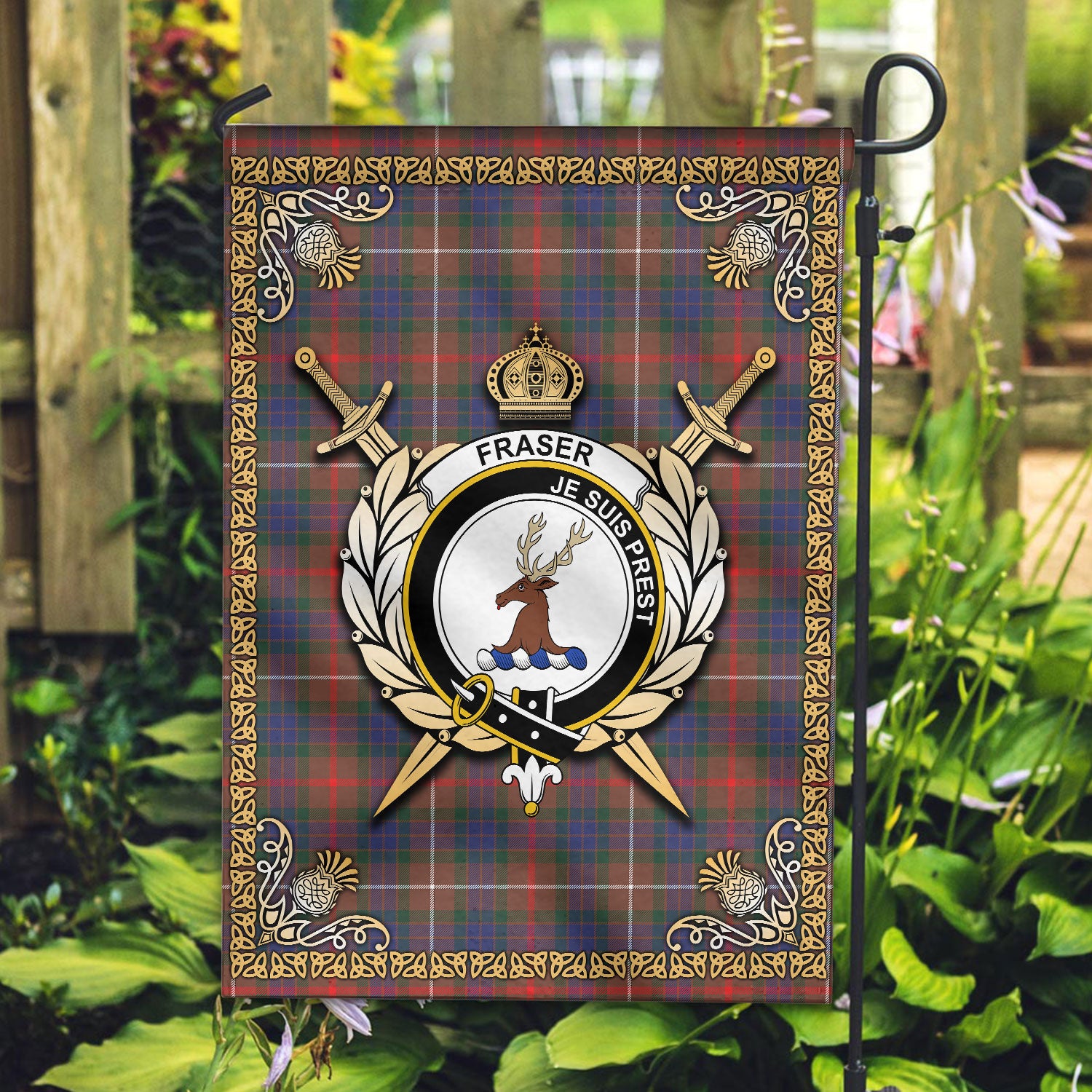 Fraser (of Lovat) Hunting Modern Tartan Crest Garden Flag - Celtic Thistle Style