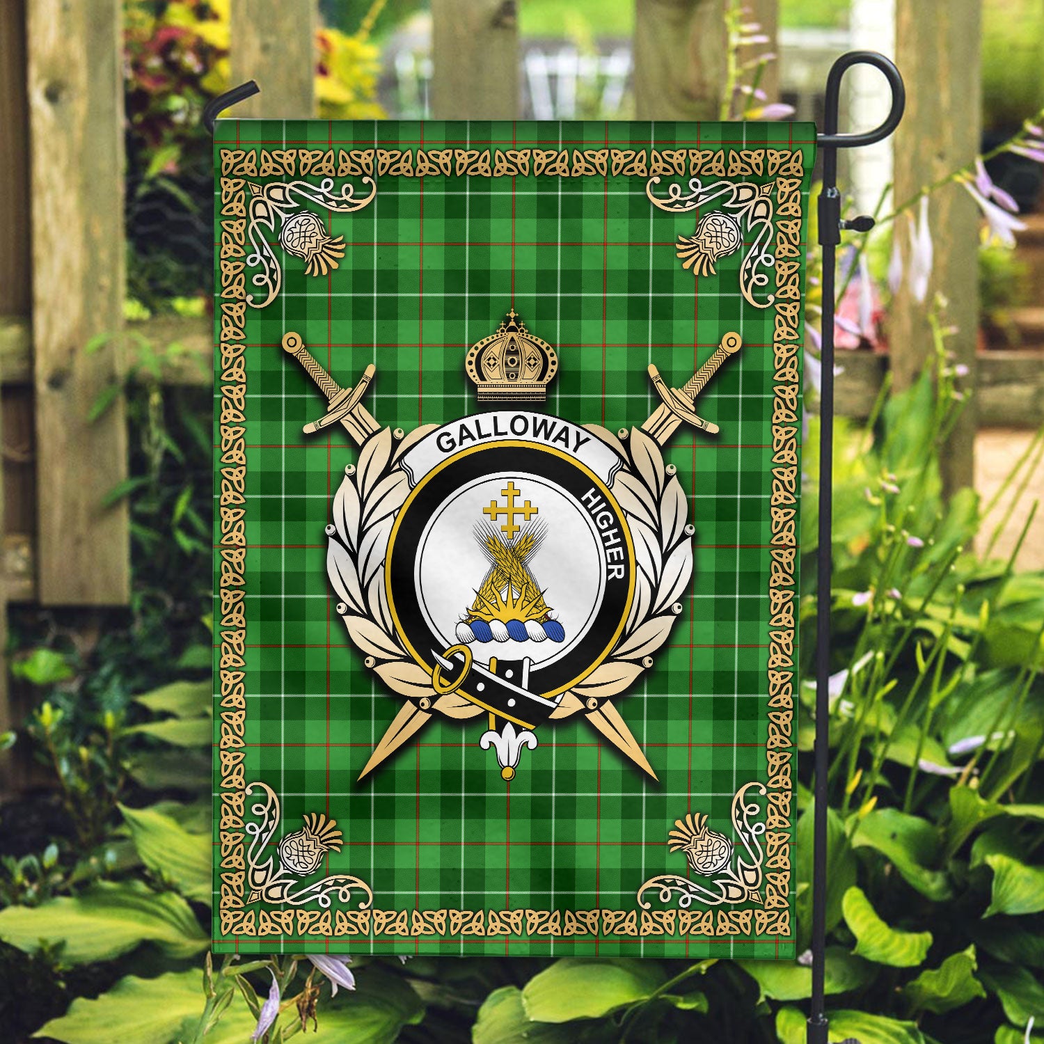 Galloway District Tartan Crest Garden Flag - Celtic Thistle Style