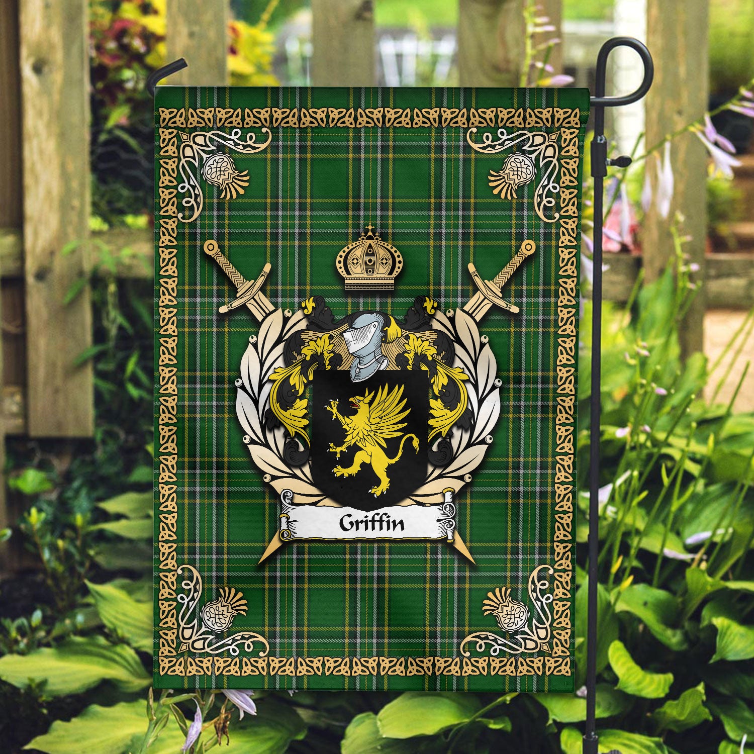 Griffin Tartan Crest Garden Flag - Celtic Thistle Style