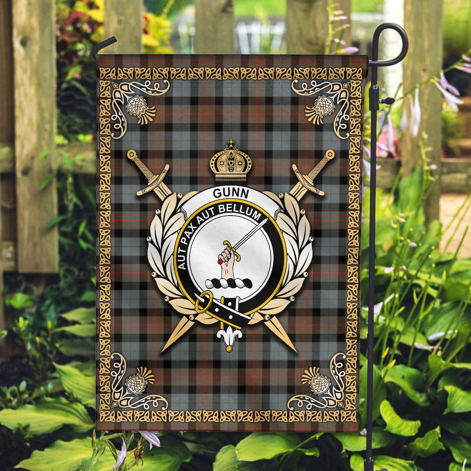Gunn Weathered Tartan Crest Garden Flag - Celtic Thistle Style