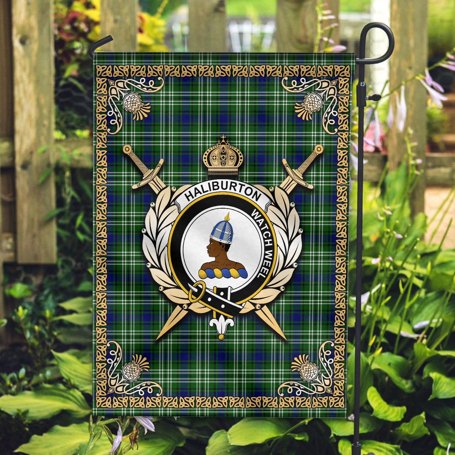 Haliburton Tartan Crest Garden Flag - Celtic Thistle Style