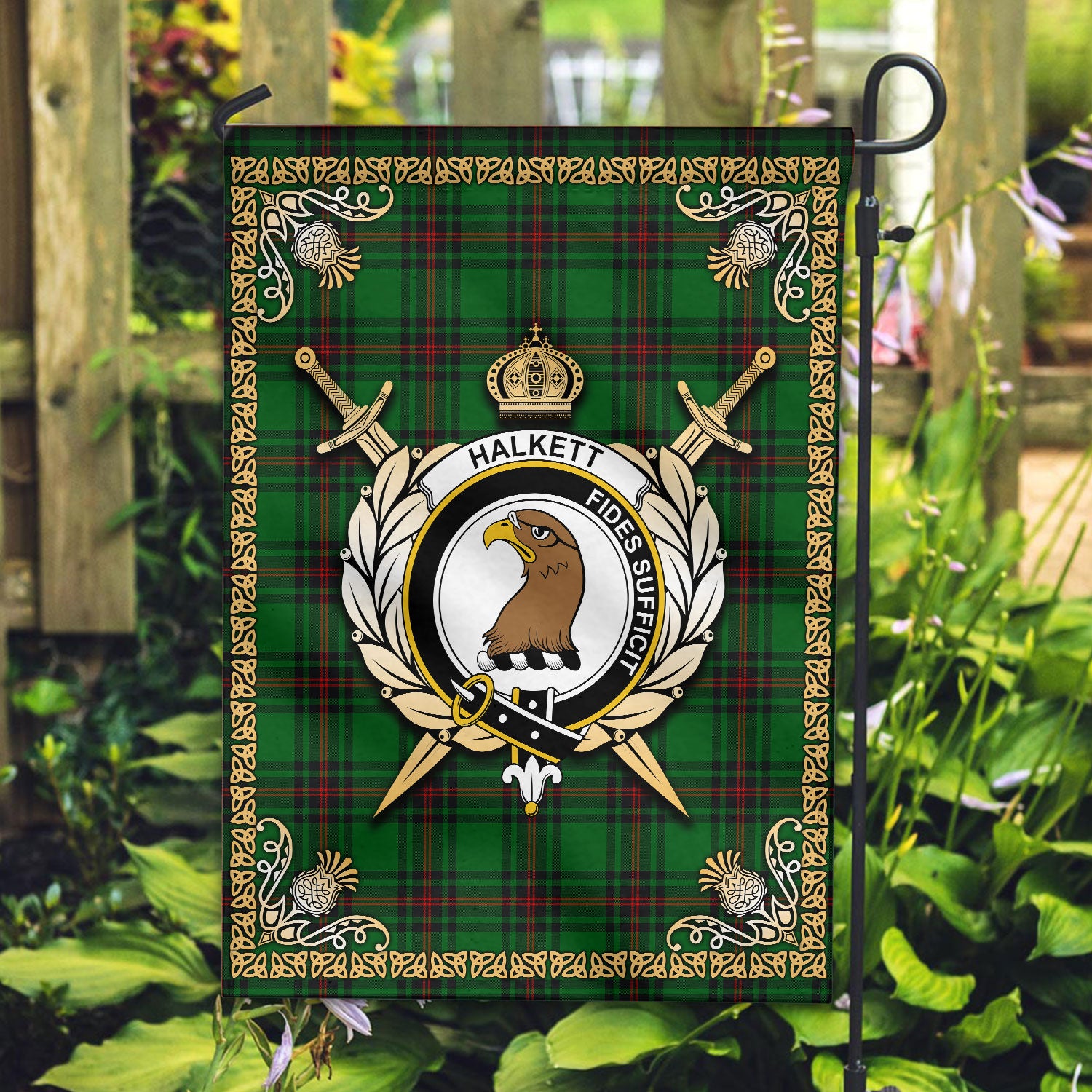 Halkett Tartan Crest Garden Flag - Celtic Thistle Style