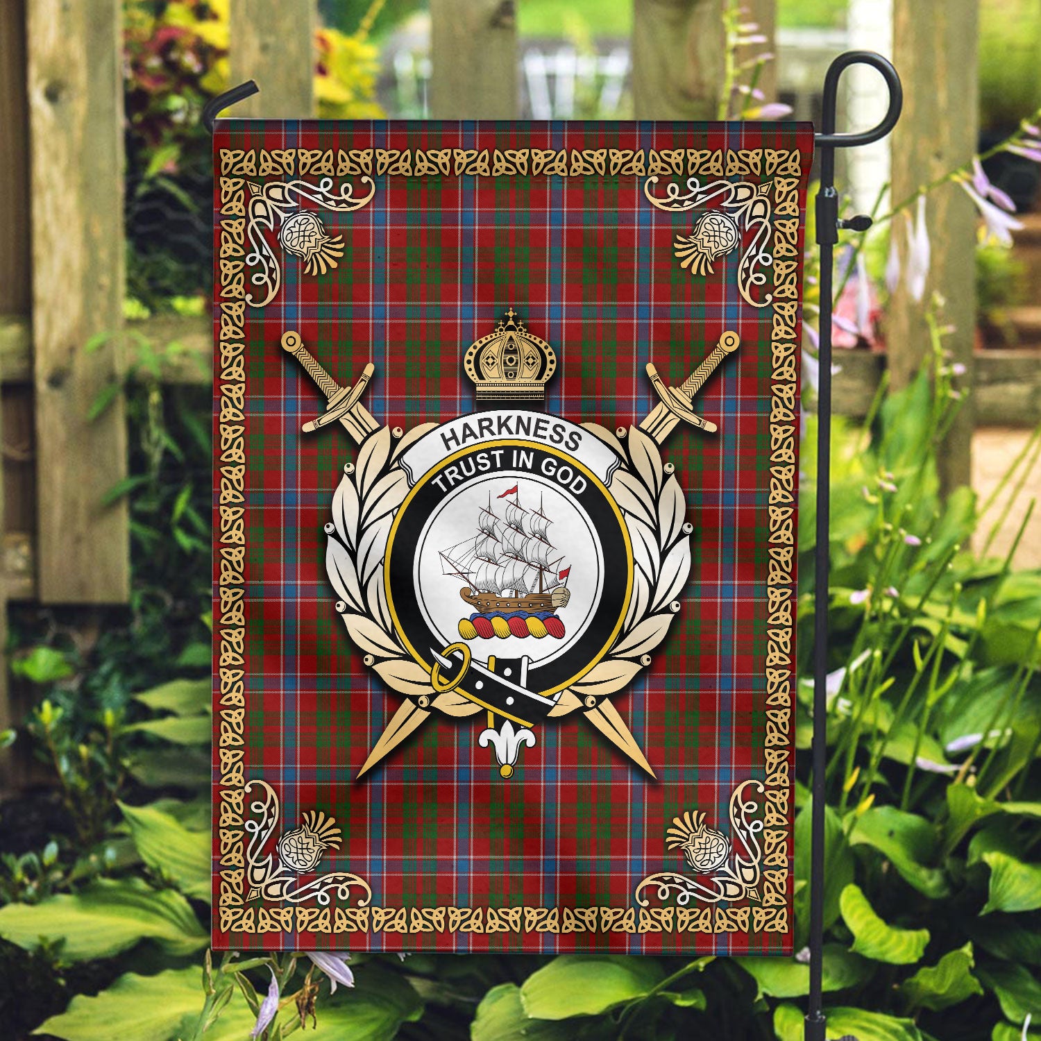 Harkness Dress Tartan Crest Garden Flag - Celtic Thistle Style