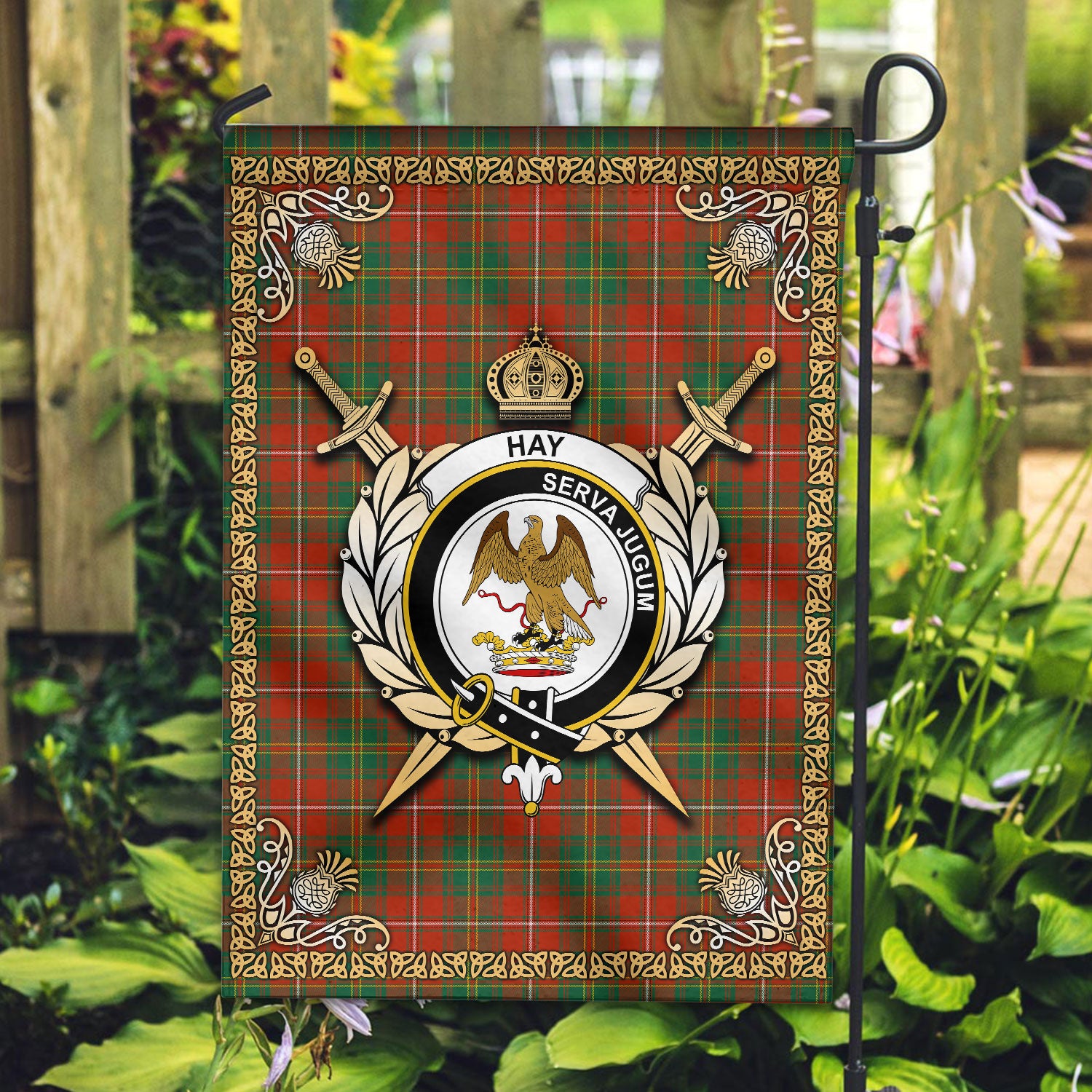 Hay Ancient Tartan Crest Garden Flag - Celtic Thistle Style