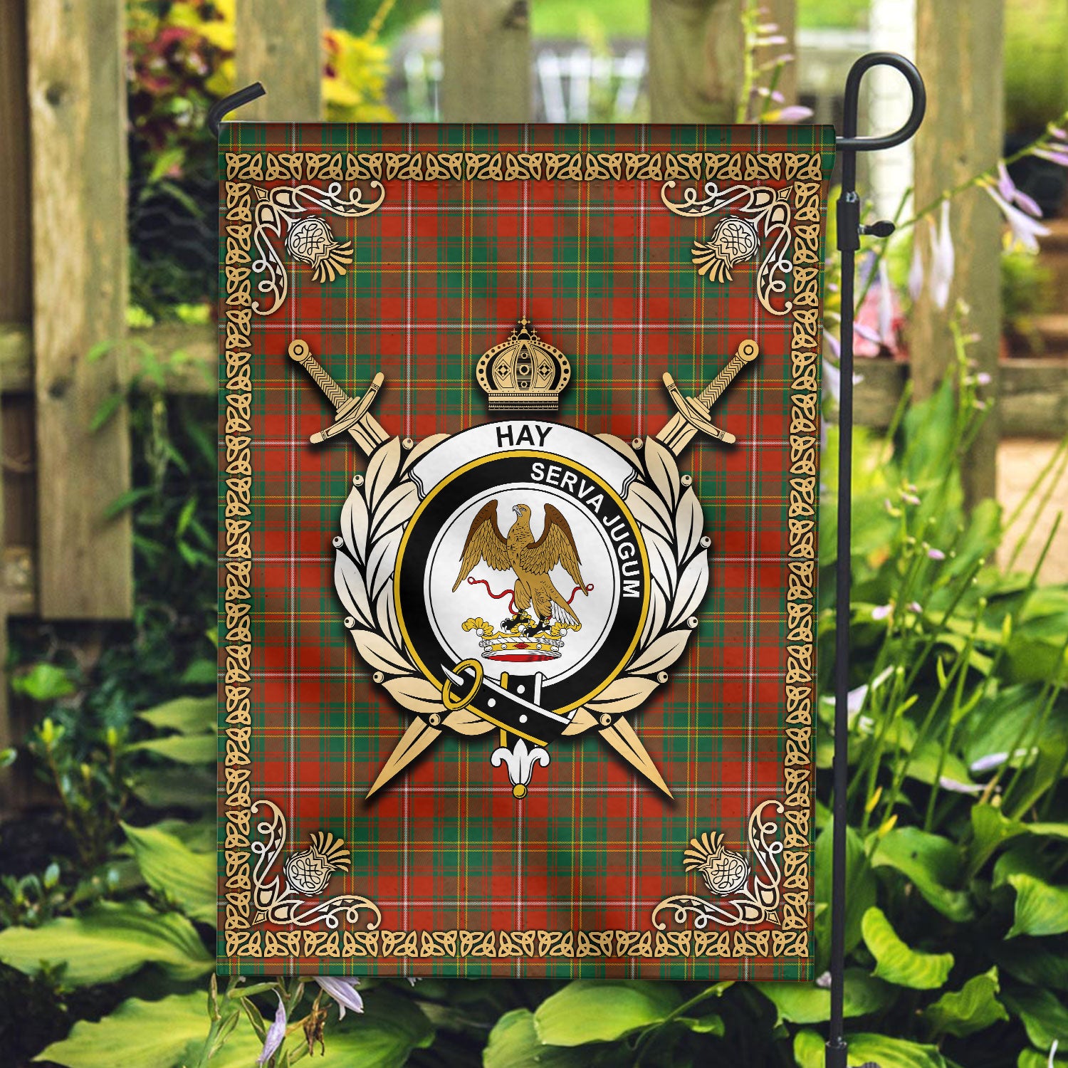 Hay Ancient Tartan Crest Garden Flag - Celtic Thistle Style