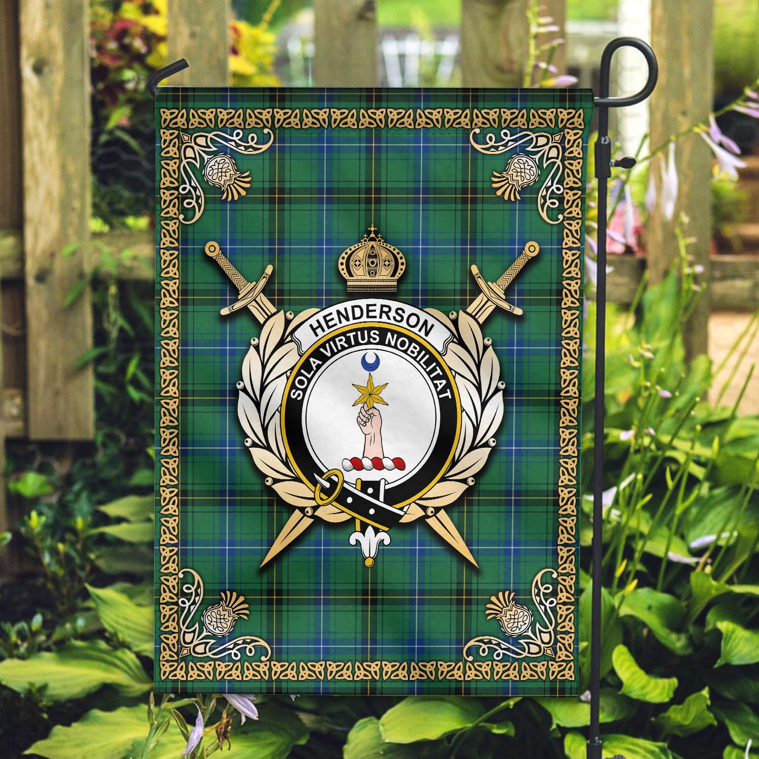 Henderson Ancient Tartan Crest Garden Flag - Celtic Thistle Style