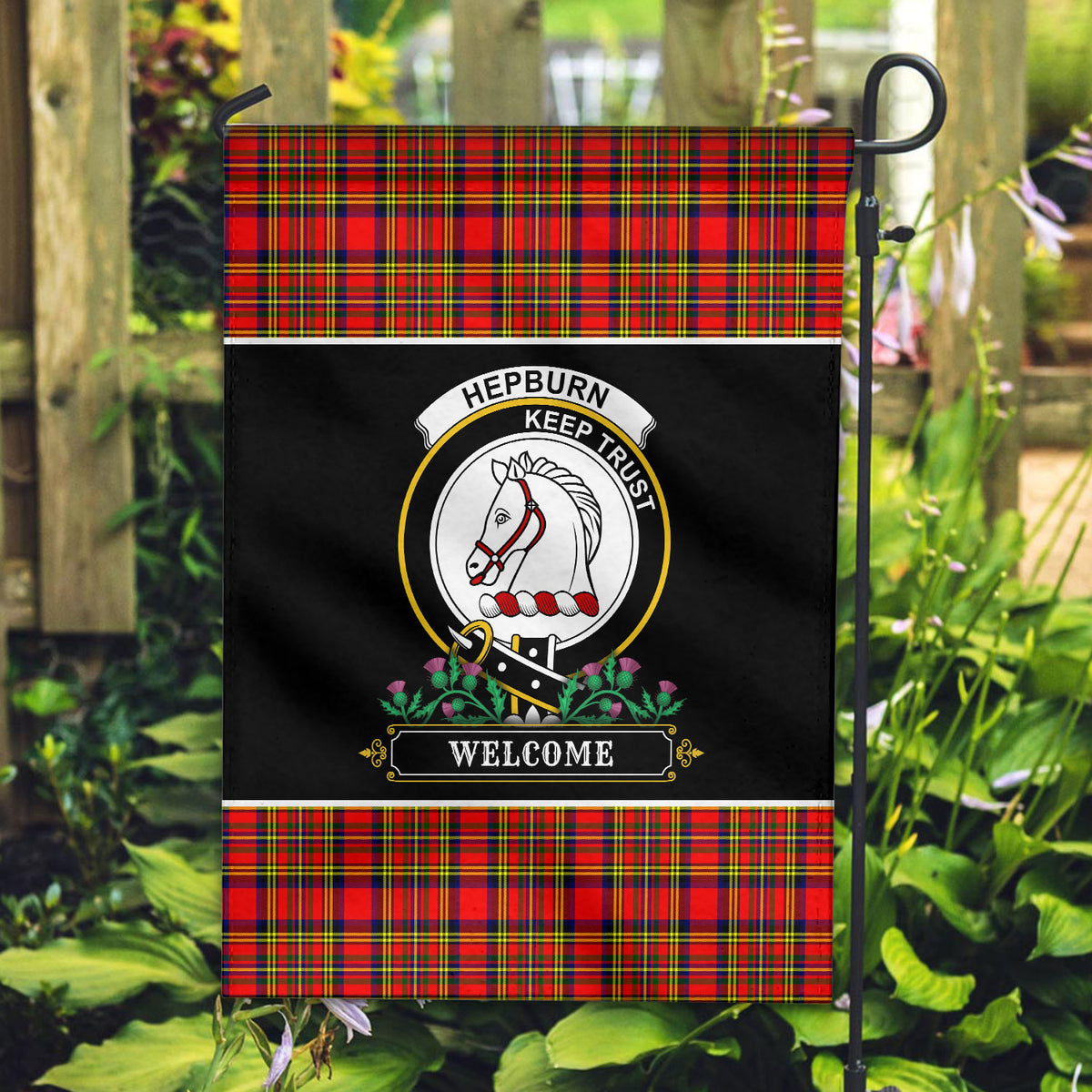 Hepburn Tartan Crest Garden Flag - Welcome Style