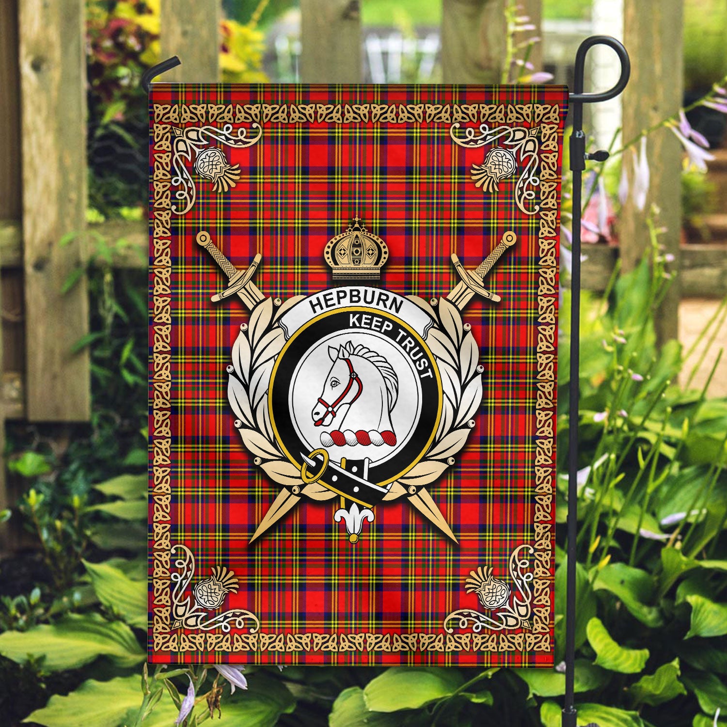 Hepburn Tartan Crest Garden Flag - Celtic Thistle Style