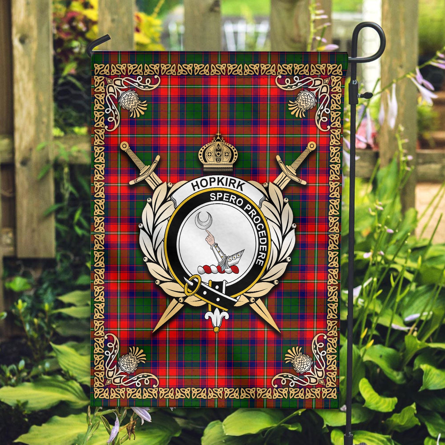 Hopkirk Tartan Crest Garden Flag - Celtic Thistle Style