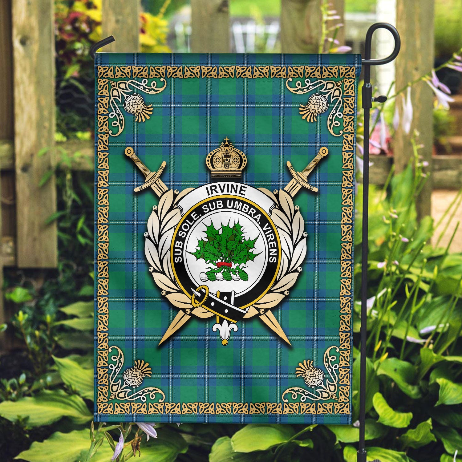 Irvine Ancient Tartan Crest Garden Flag - Celtic Thistle Style