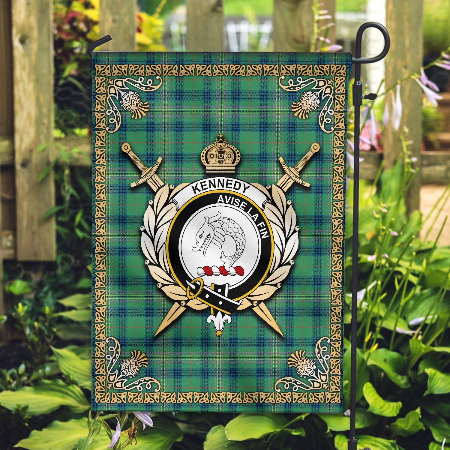Kennedy Ancient Tartan Crest Garden Flag - Celtic Thistle Style