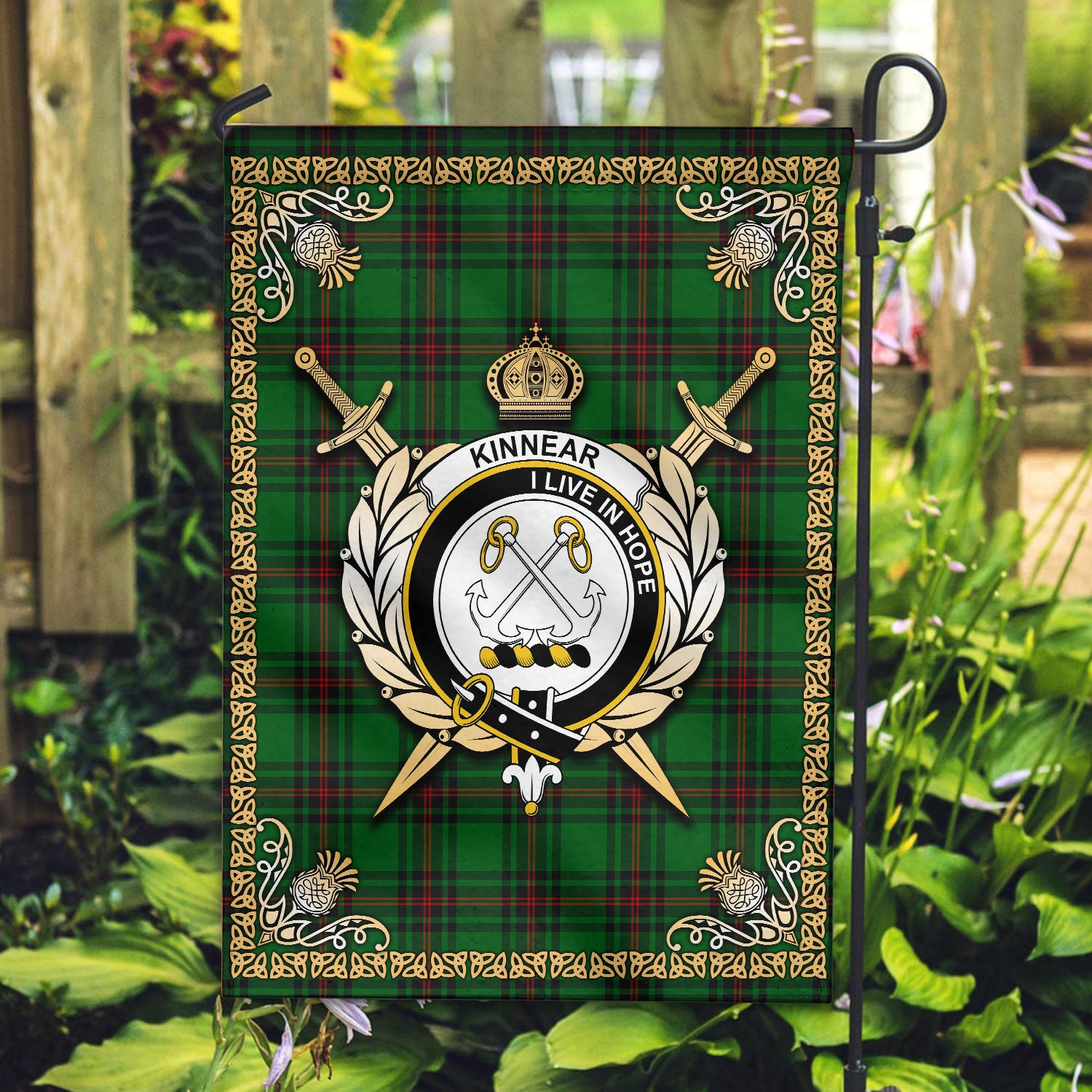 Kinnear Tartan Crest Garden Flag - Celtic Thistle Style