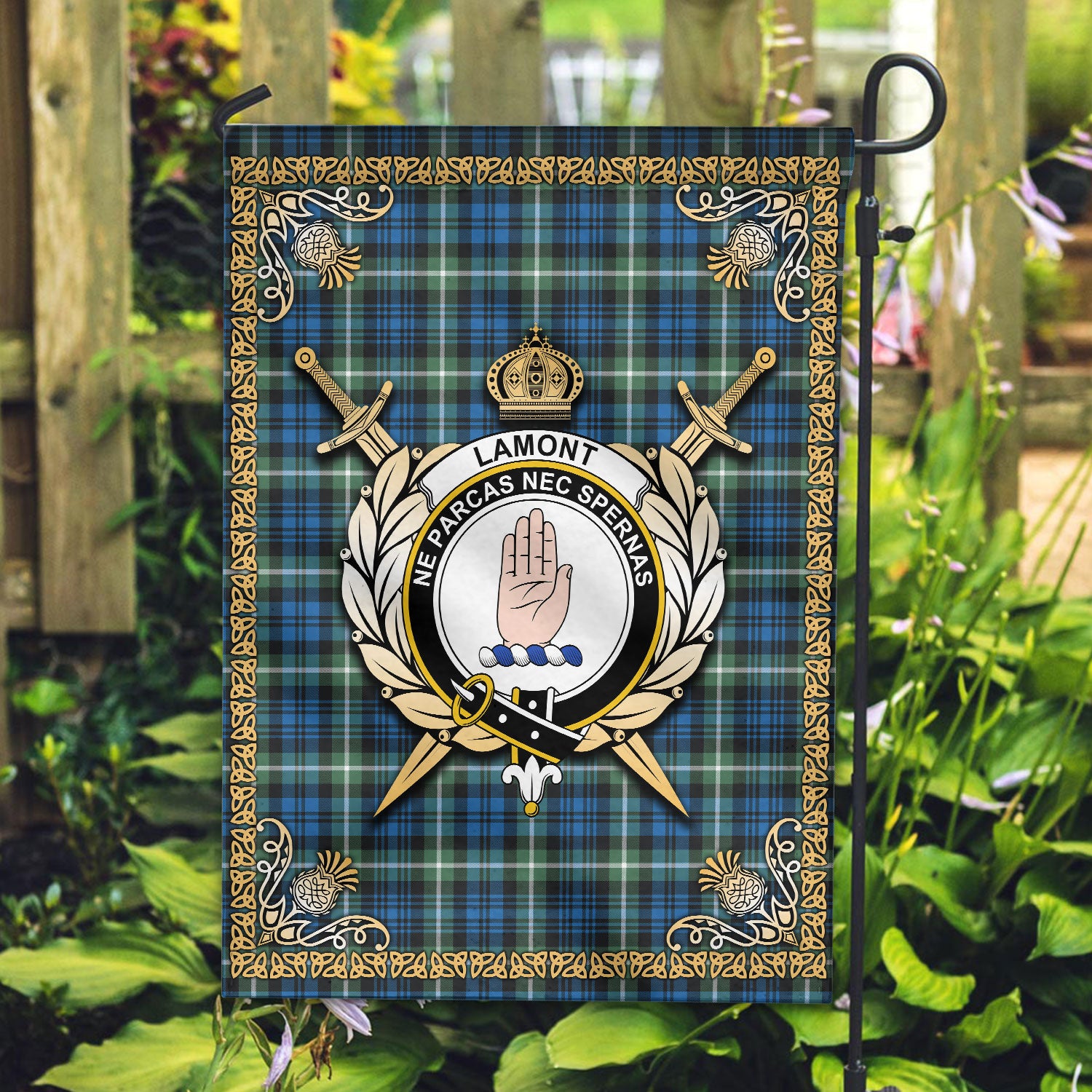 Lamont Ancient Tartan Crest Garden Flag - Celtic Thistle Style
