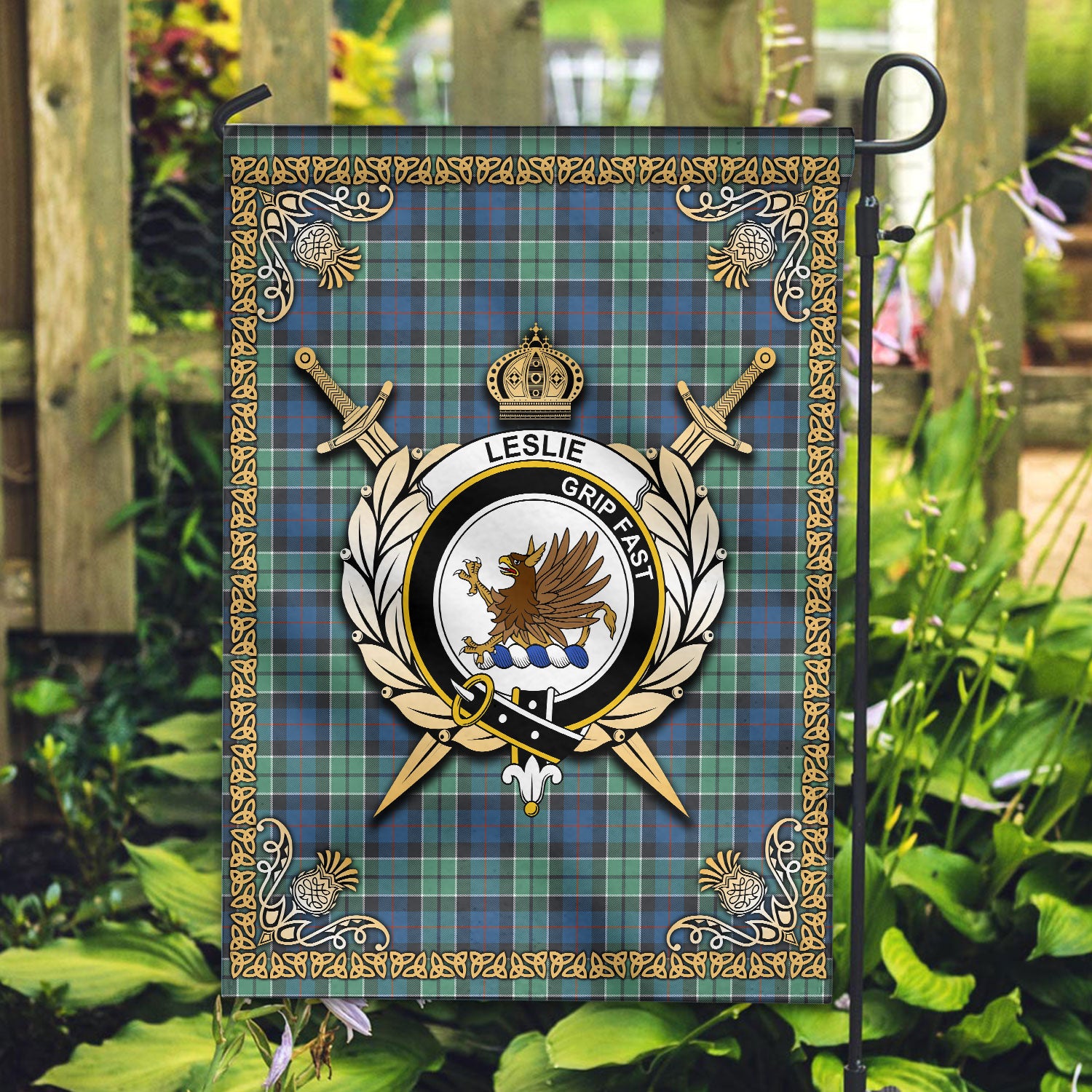 Leslie Hunting Ancient Tartan Crest Garden Flag - Celtic Thistle Style