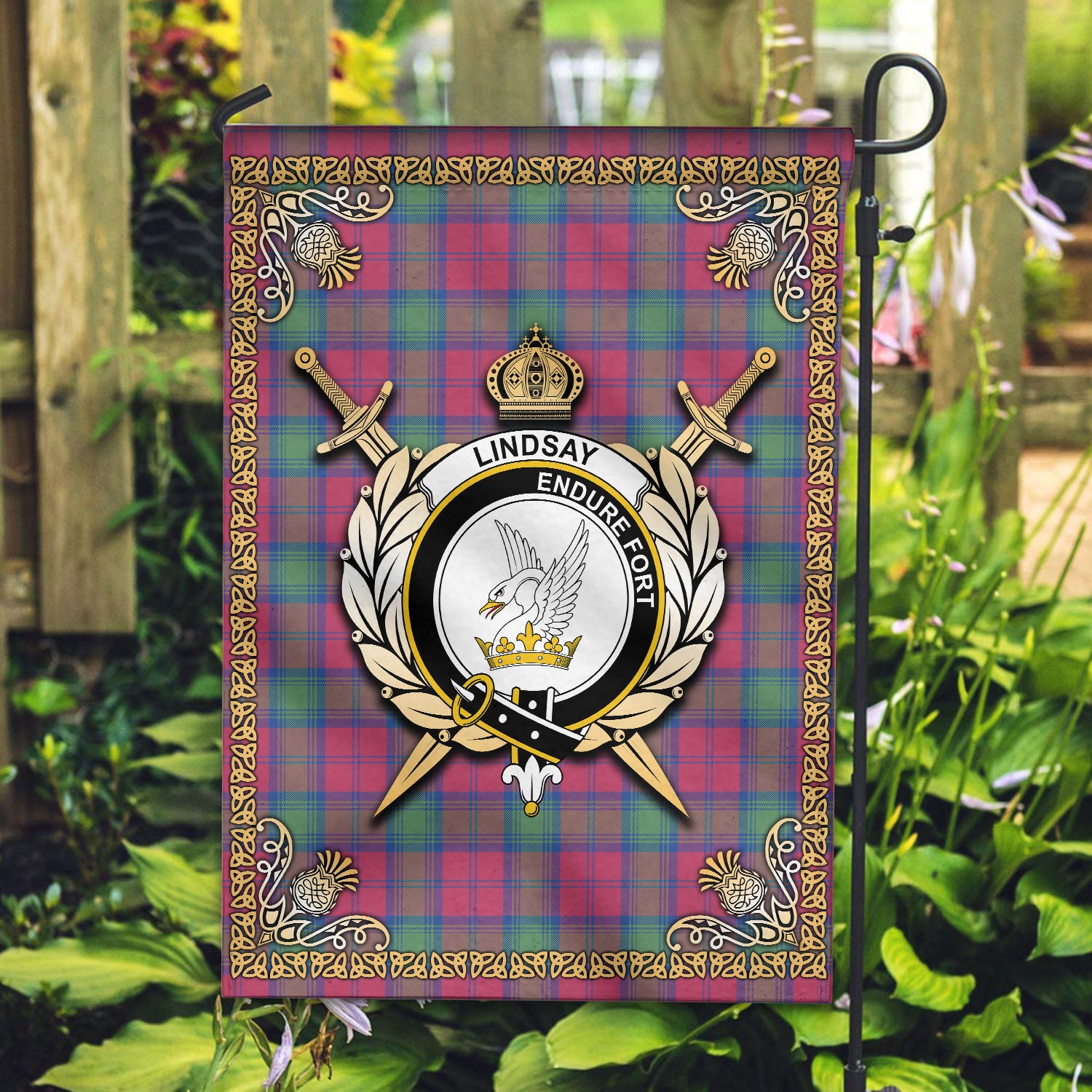 Lindsay Ancient Tartan Crest Garden Flag - Celtic Thistle Style