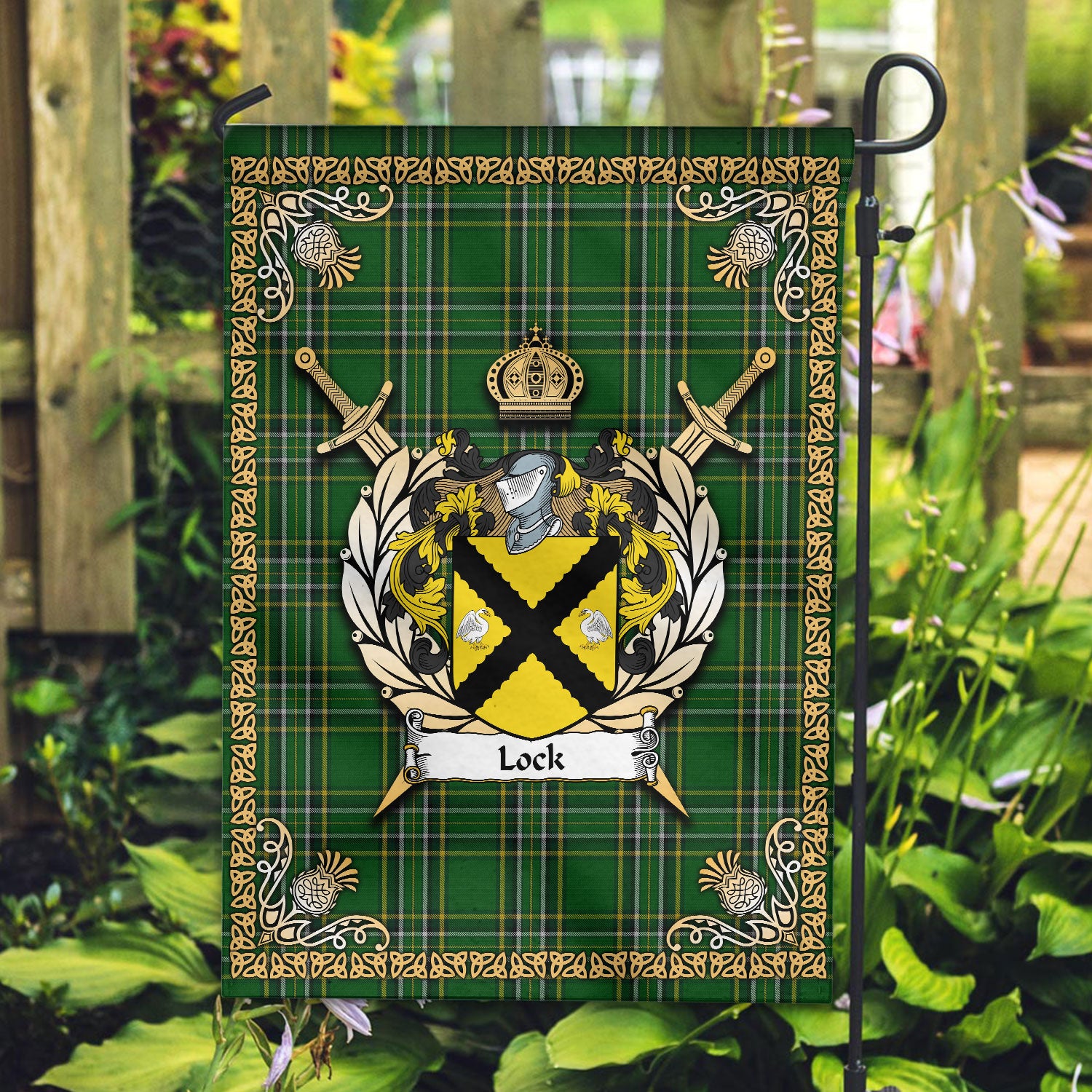 Lock Tartan Crest Black Garden Flag - Gold Thistle Style