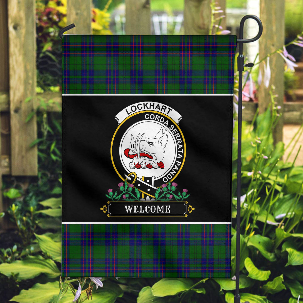 Lockhart Modern Tartan Crest Garden Flag - Welcome Style