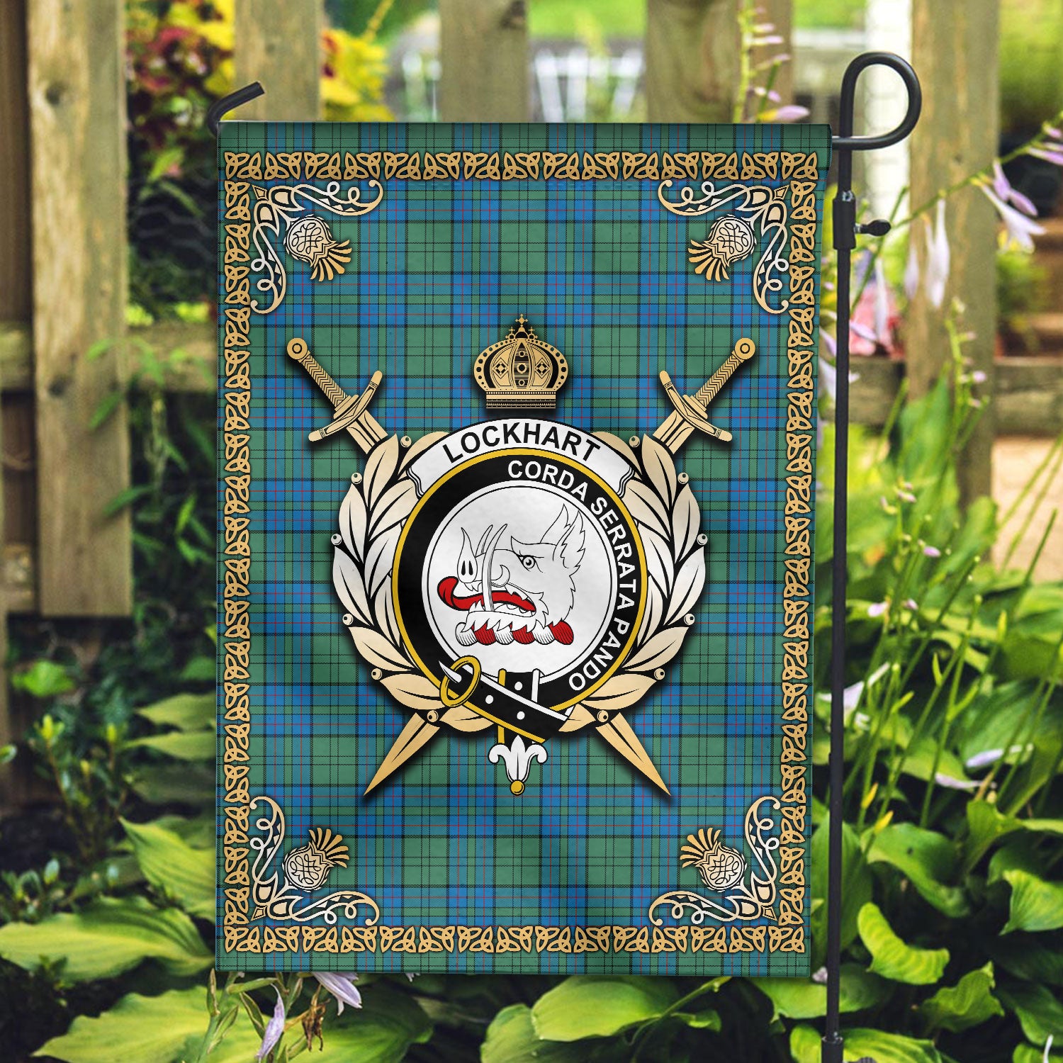 Lockhart Tartan Crest Garden Flag - Celtic Thistle Style
