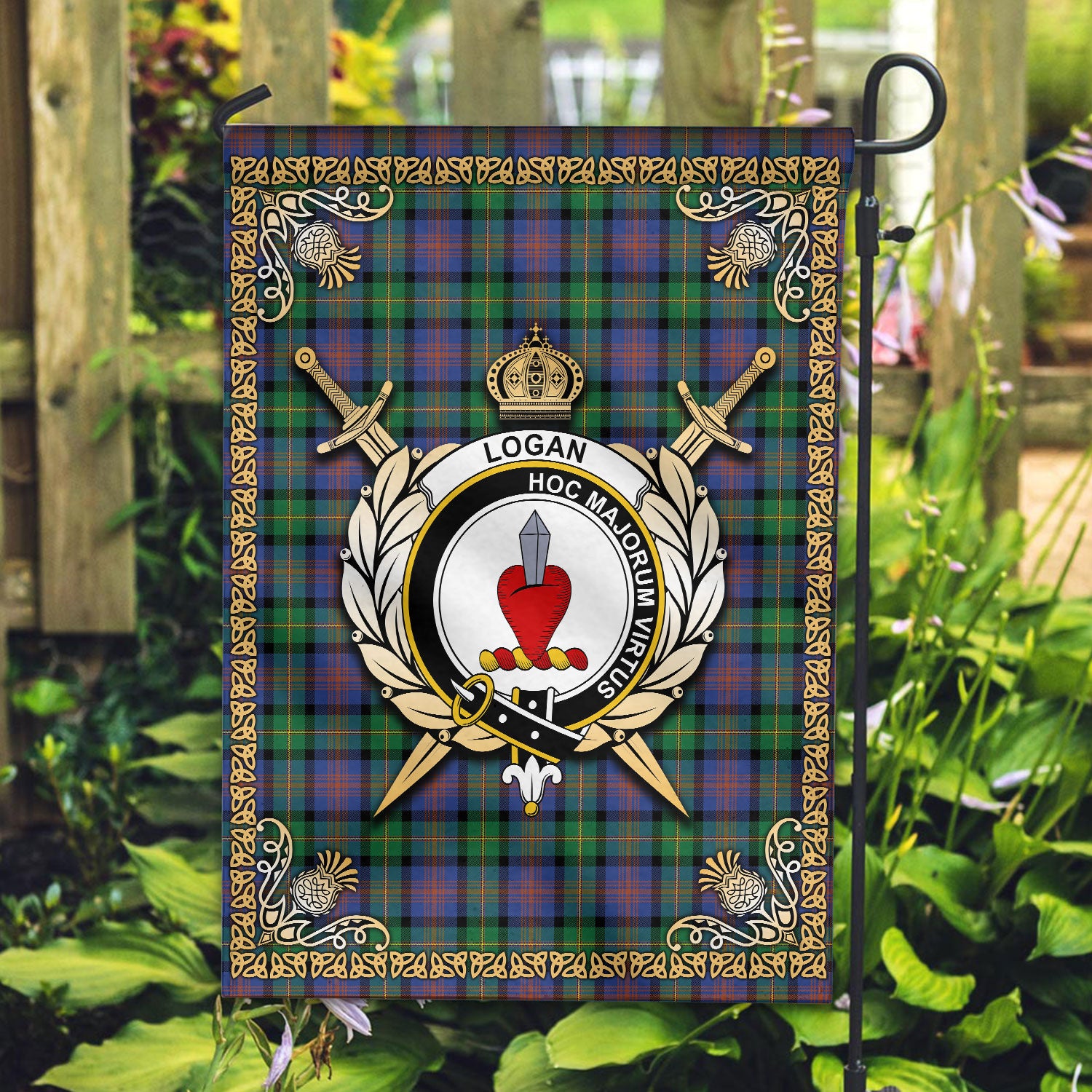 Logan Ancient Tartan Crest Garden Flag - Celtic Thistle Style
