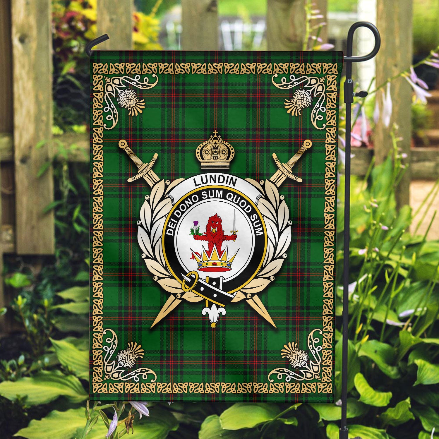 Lundin Tartan Crest Garden Flag - Celtic Thistle Style