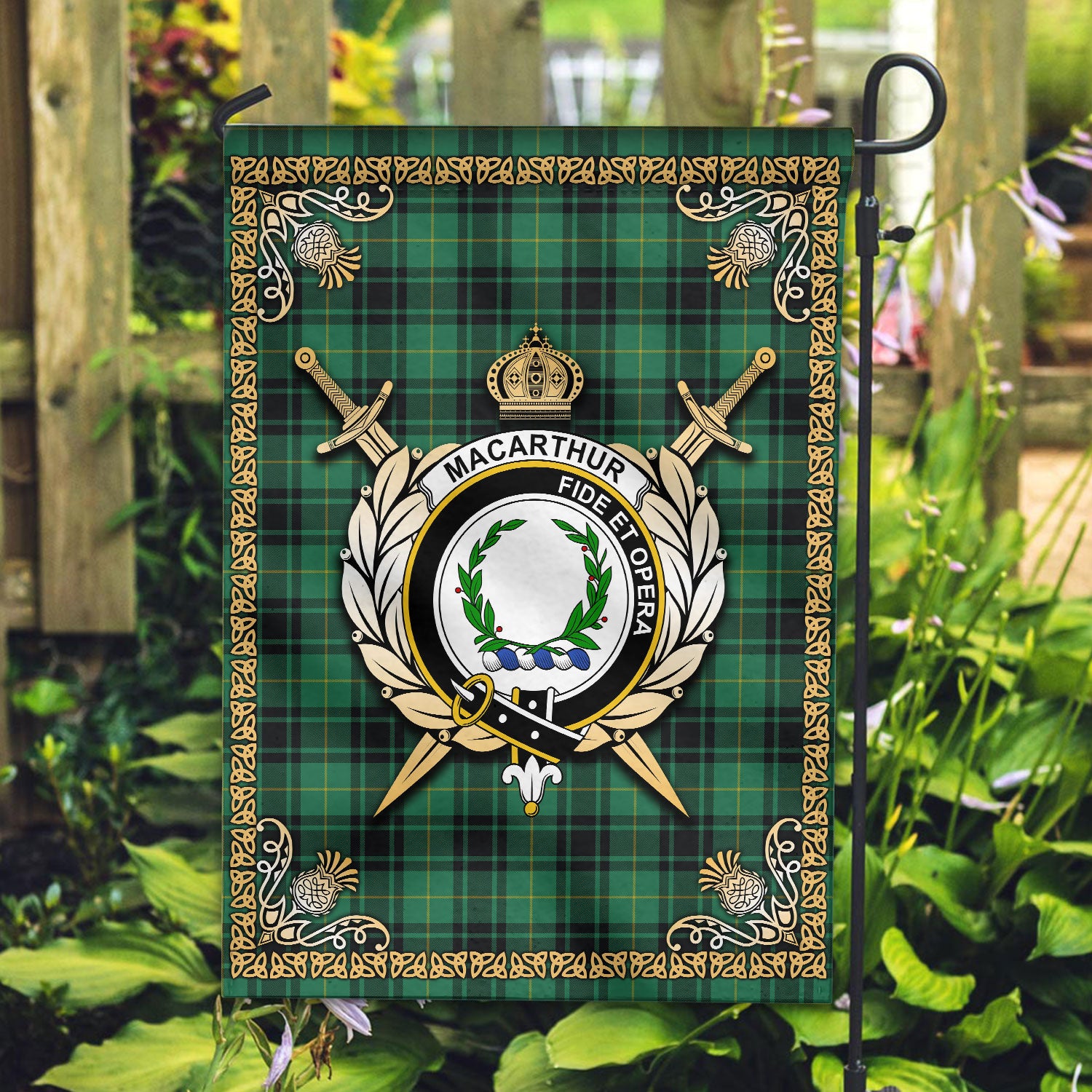 MacArthur Ancient Tartan Crest Garden Flag - Celtic Thistle Style