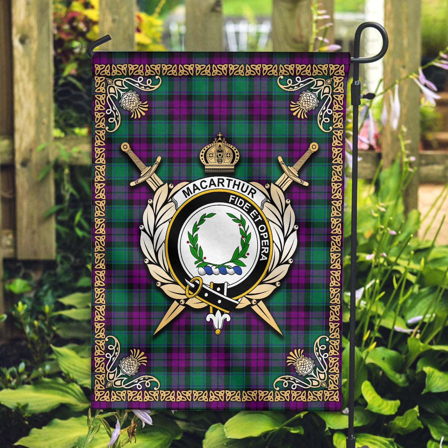 MacArthur – Milton Tartan Crest Garden Flag - Celtic Thistle Style