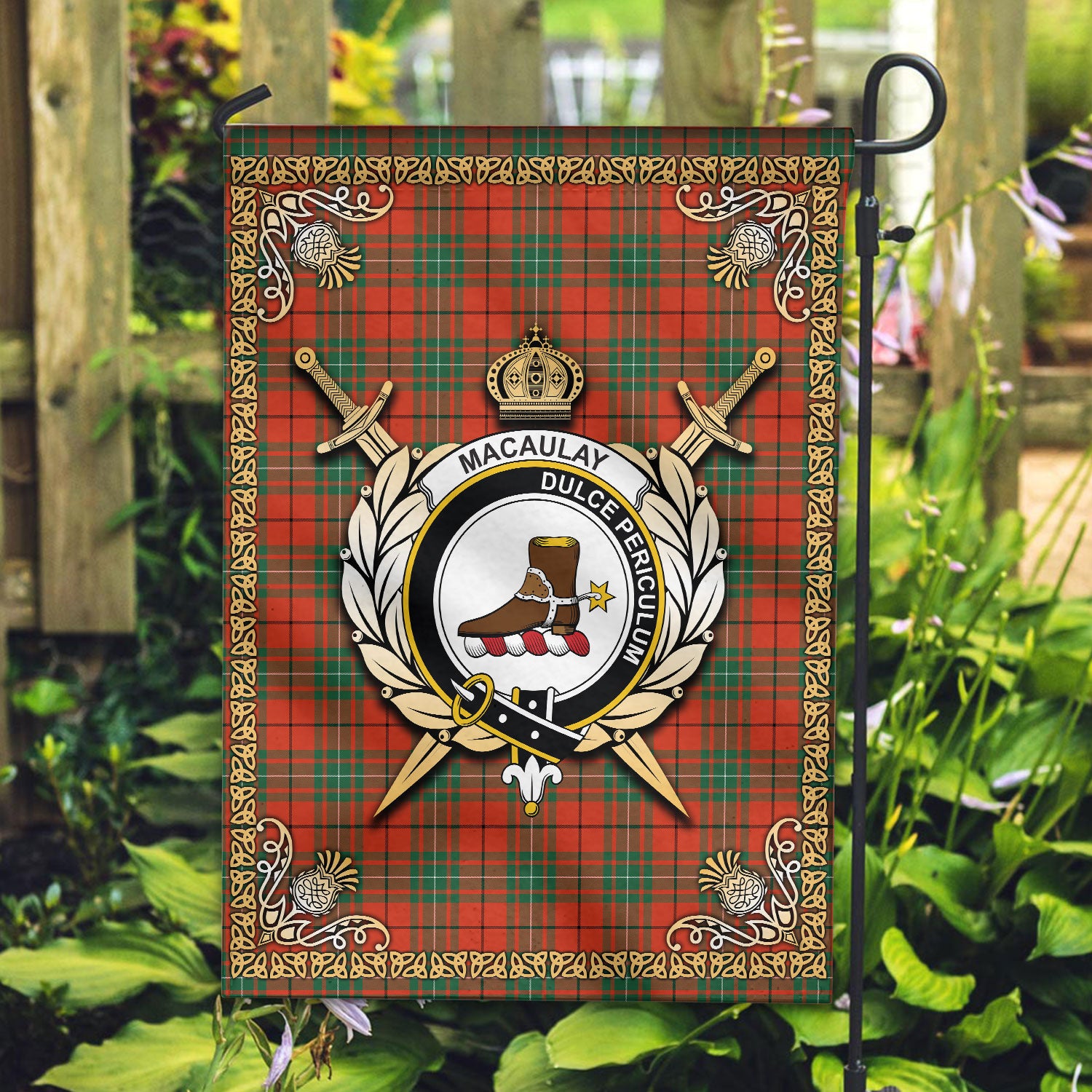 MacAulay Ancient Tartan Crest Garden Flag - Celtic Thistle Style
