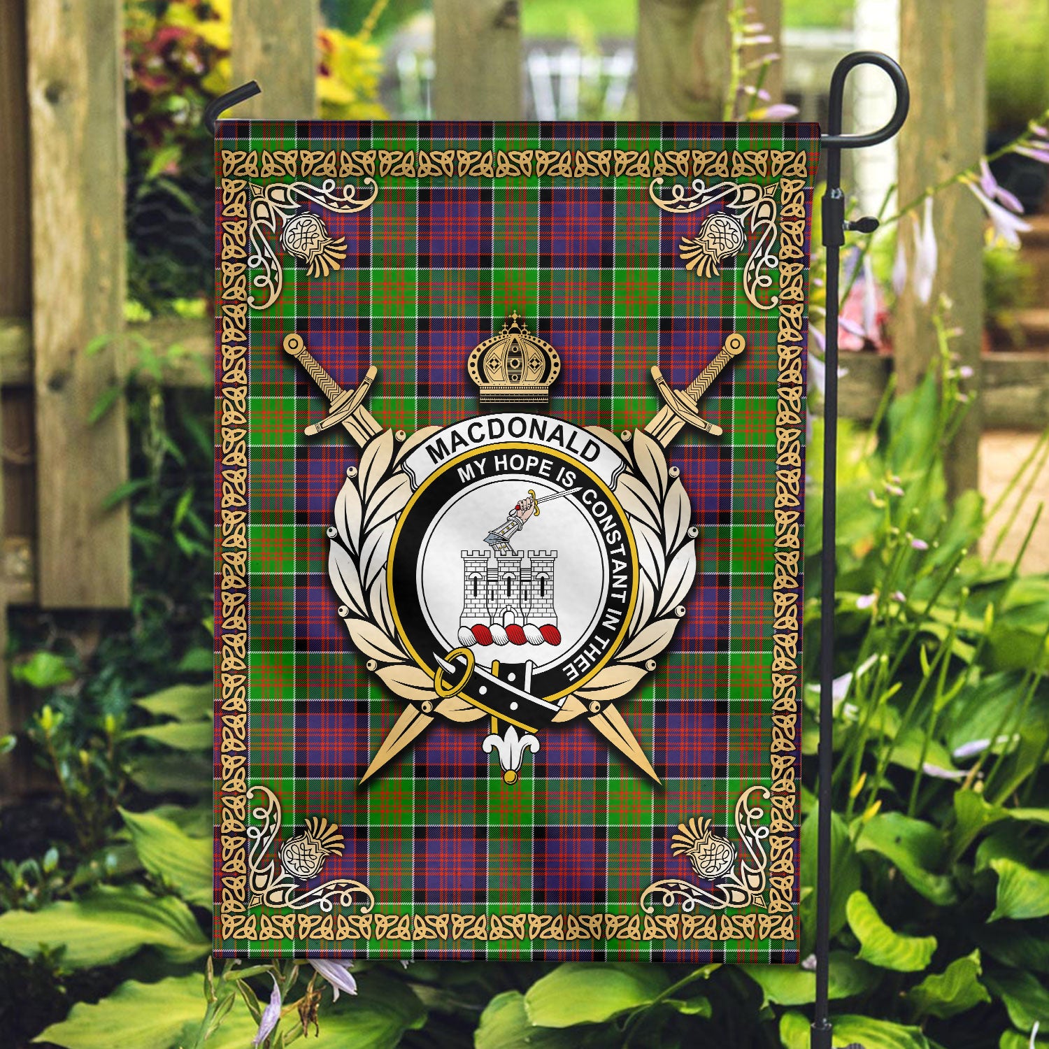 MacDonald (Clan Ranald) Tartan Crest Garden Flag - Celtic Thistle Style