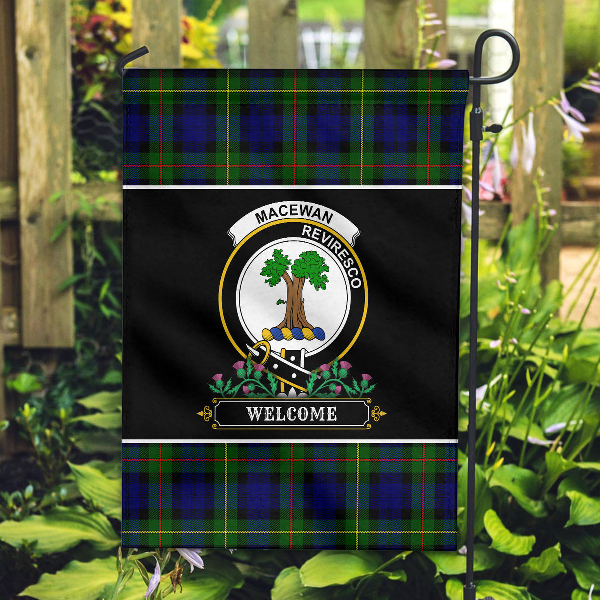 MacEwan Modern Tartan Crest Garden Flag - Welcome Style