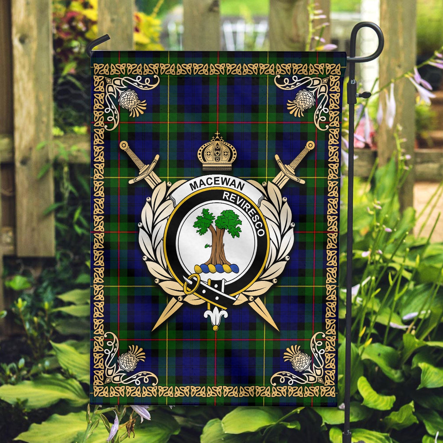 MacEwan Modern Tartan Crest Garden Flag - Celtic Thistle Style