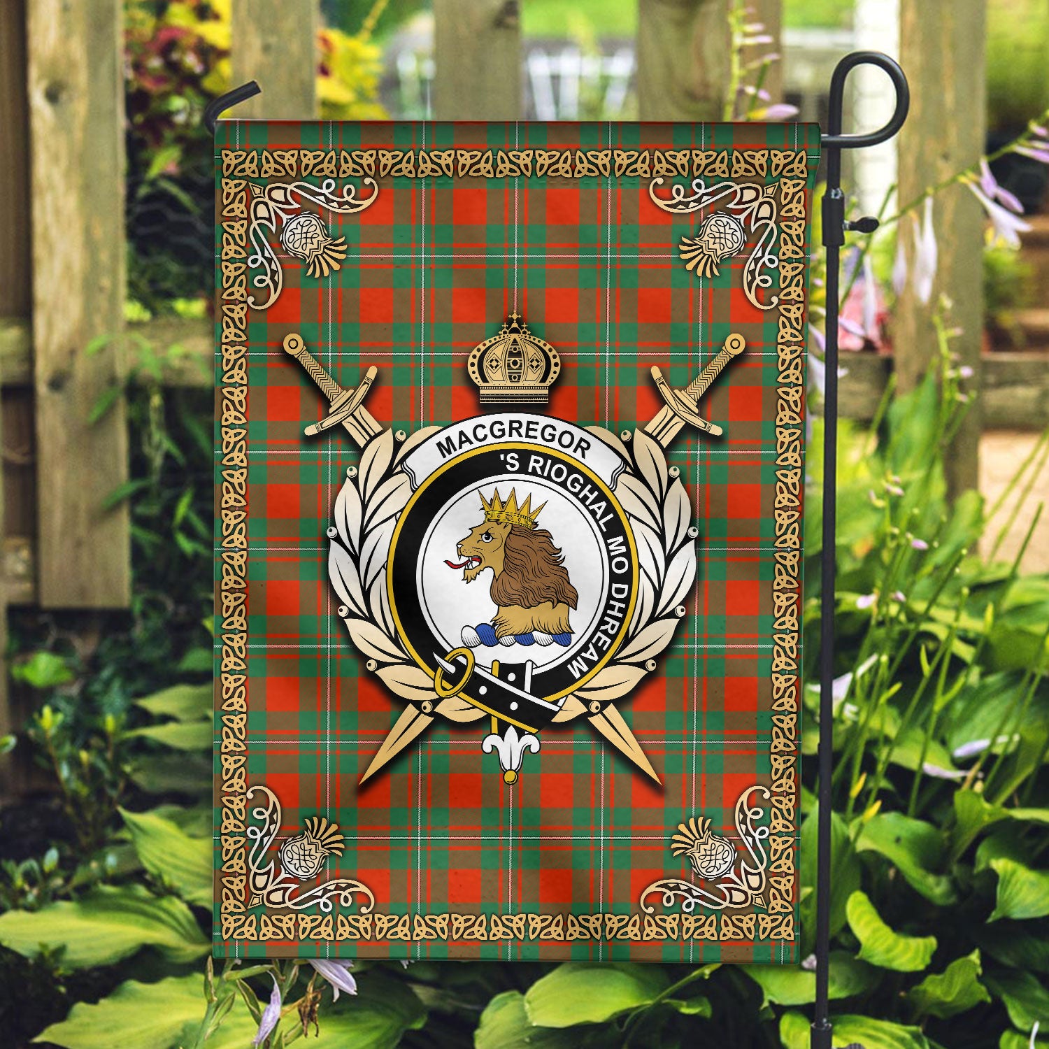 MacGregor Ancient Tartan Crest Garden Flag - Celtic Thistle Style